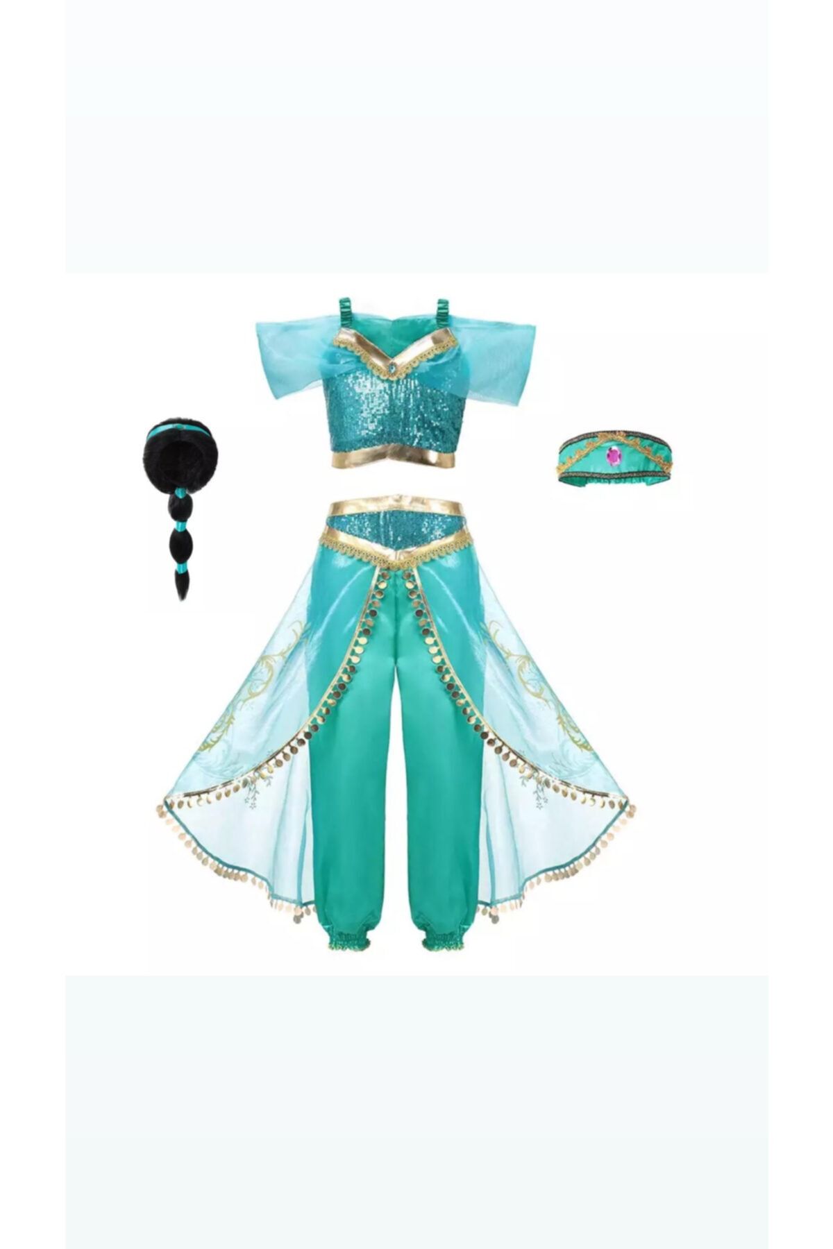 INU Prenses Jasmine Kostüm + Başlık + Peruk Seti Prenses Yasemin Kıyafet Seti
