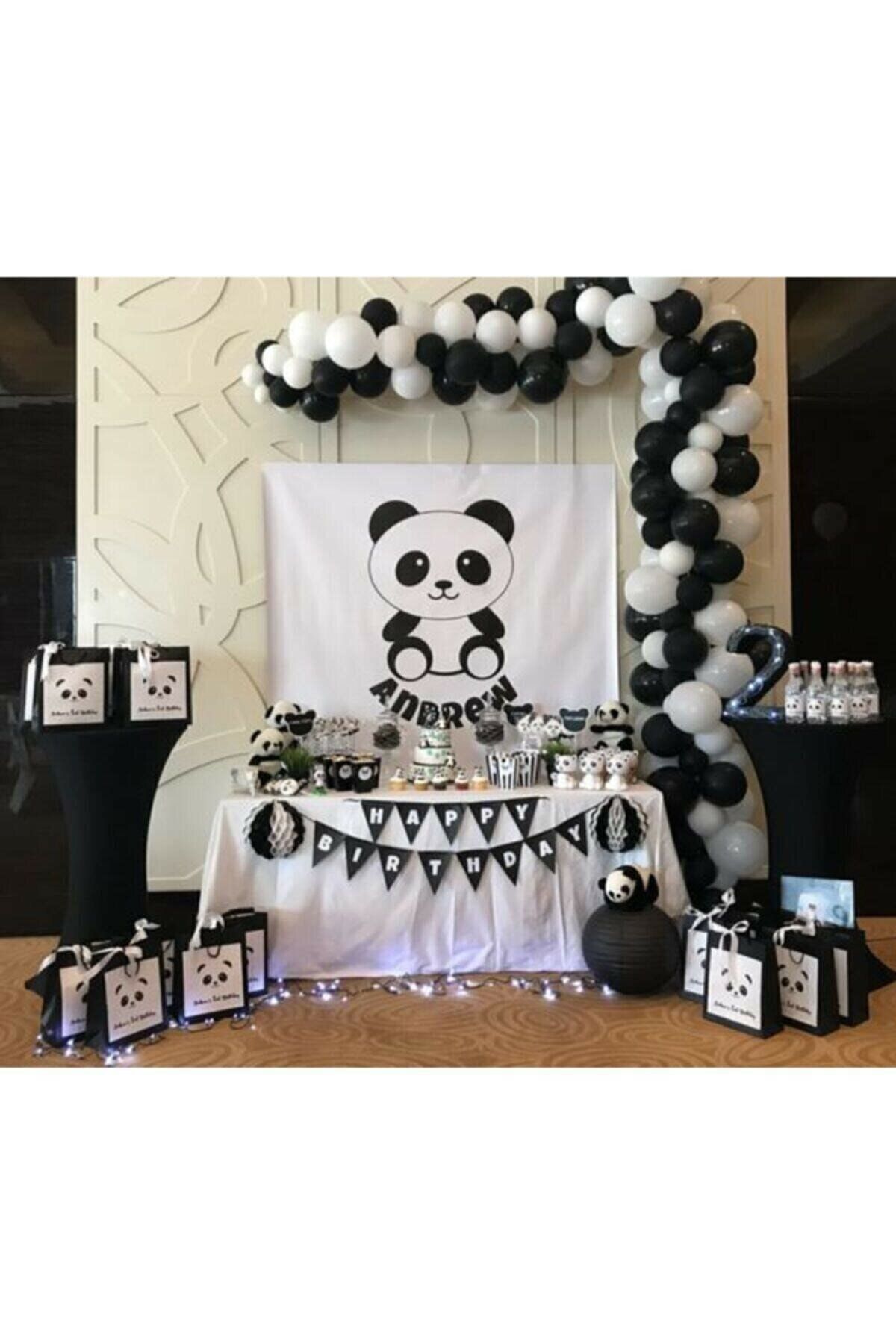 Aşkın Parti Evi Panda Konsept 50 Beyaz 50 Siyah Balon Ve Balon Zinciri