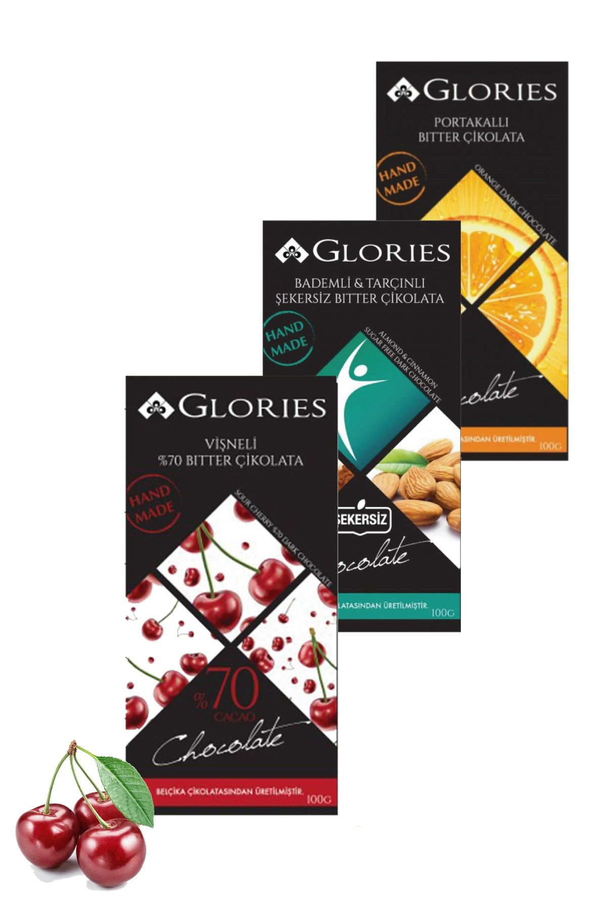 Glories Vegan Vişneli - Portakal - Bademli Tarçınlı Diyet El Yapımı Şekersiz Çikolata Avantaj Paket
