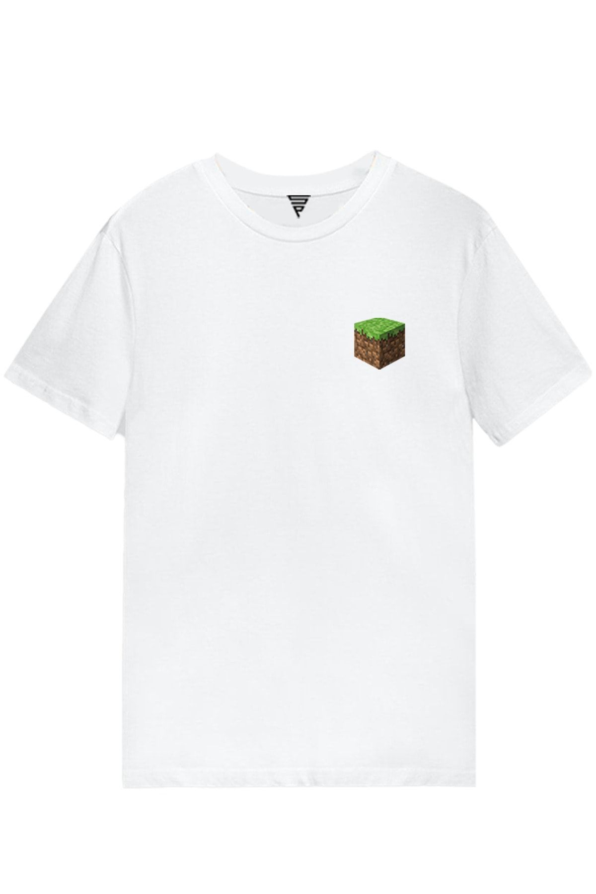 Minecraft Toprak Blok Baskılı Kısa Kollu Beyaz Gamer Tişört