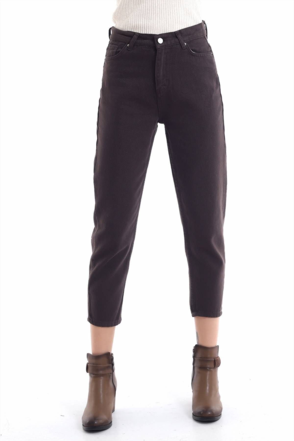 Kadın Modası Kadın Kahverengi  Yüksek Bel Cepli Renkli Mom Kot Pantolon