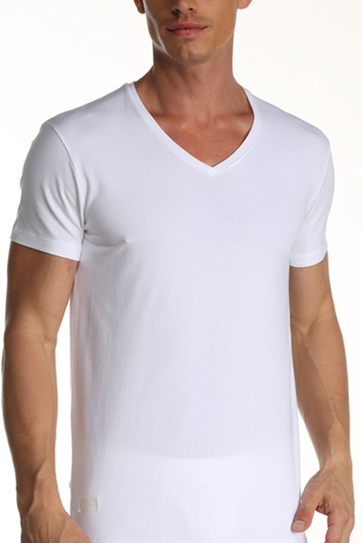 Çift Kaplan Erkek Elastanlı V Yaka Beyaz T-shirt 0956