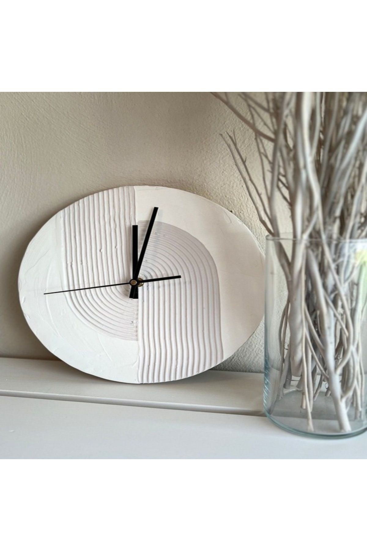 Home Minimal Dokunuş: Rölyef Doku Tasarımlı El Yapımı Beyaz Masa Ve Duvar Saati (30 CM VE 50 CM ÇAPINDA)