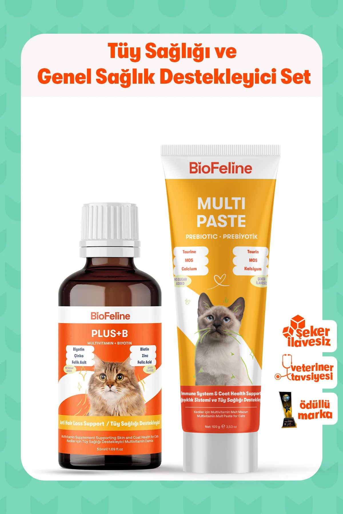 BioFeline Kediler İçin Tüy ve Genel Sağlık Destek Seti: 50ml Plus B Damla + 100g Multivitamin Macun