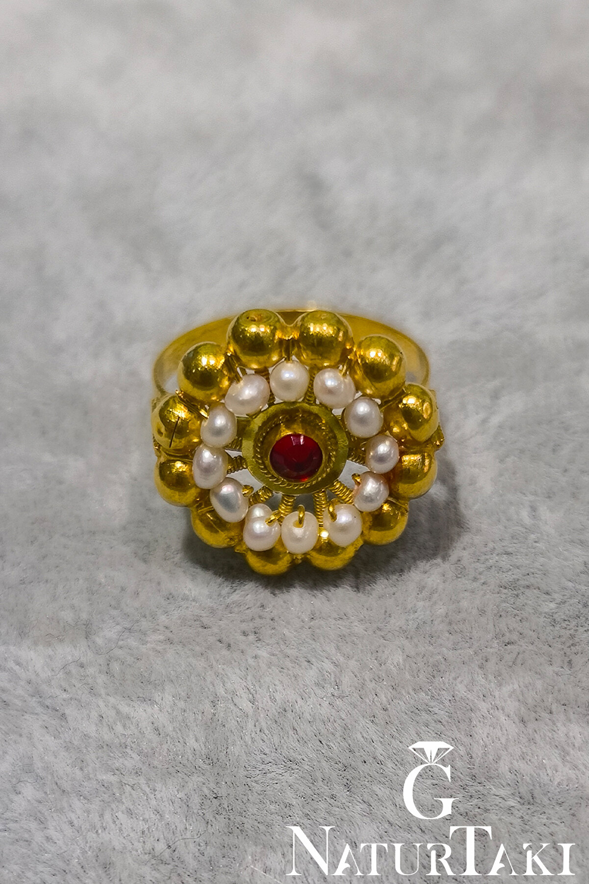 Naturtakı Sivrihisar 925 Ayar Gümüş Kadın Yüzük - Kırmızı Taşlı Özel Tasarım