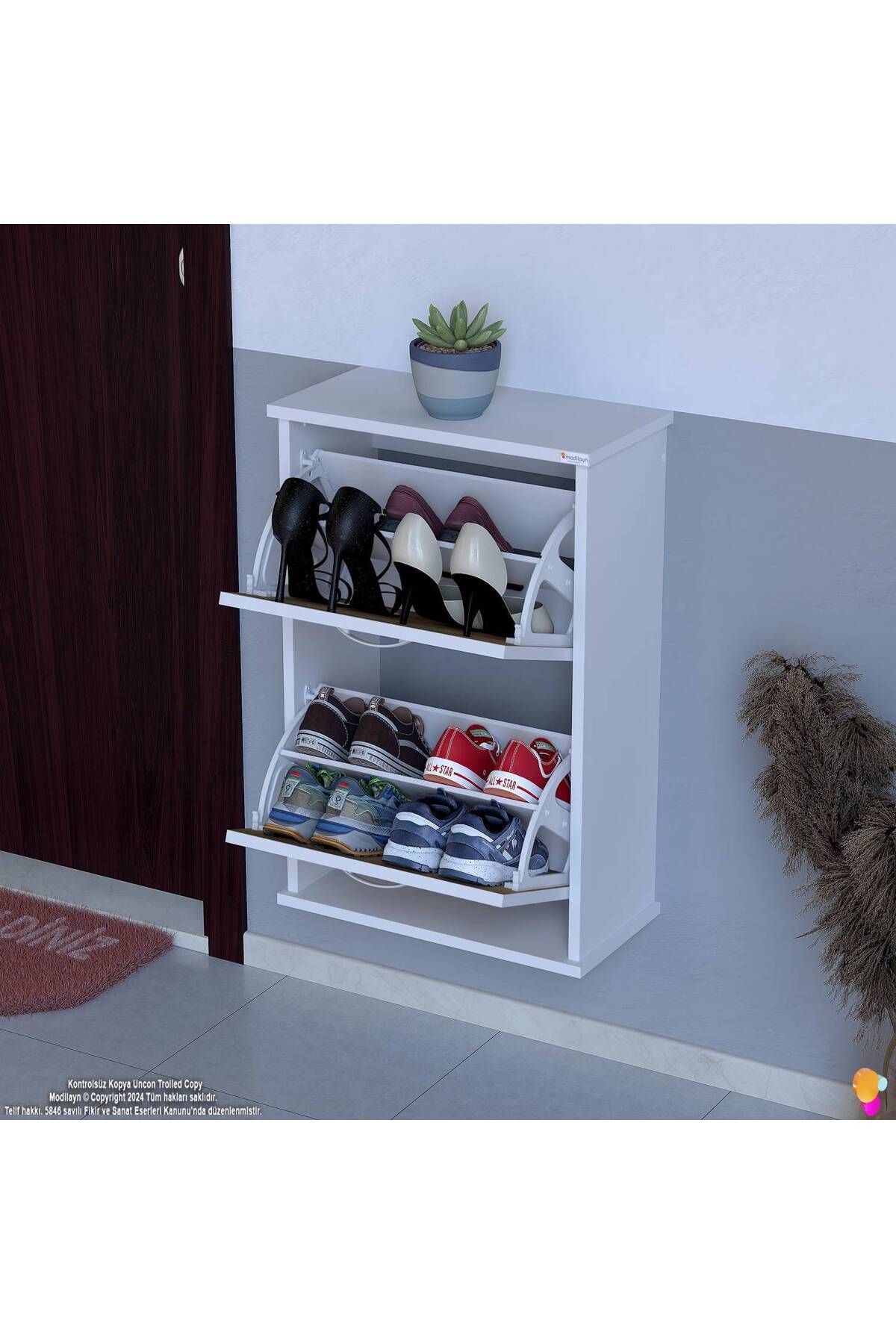 Modilayn Umay Asma Kapı Önü 52x78x25,5 Cm’lik 2 Düşer Kapak 4 Göz Bölmeli Ayakkabılık