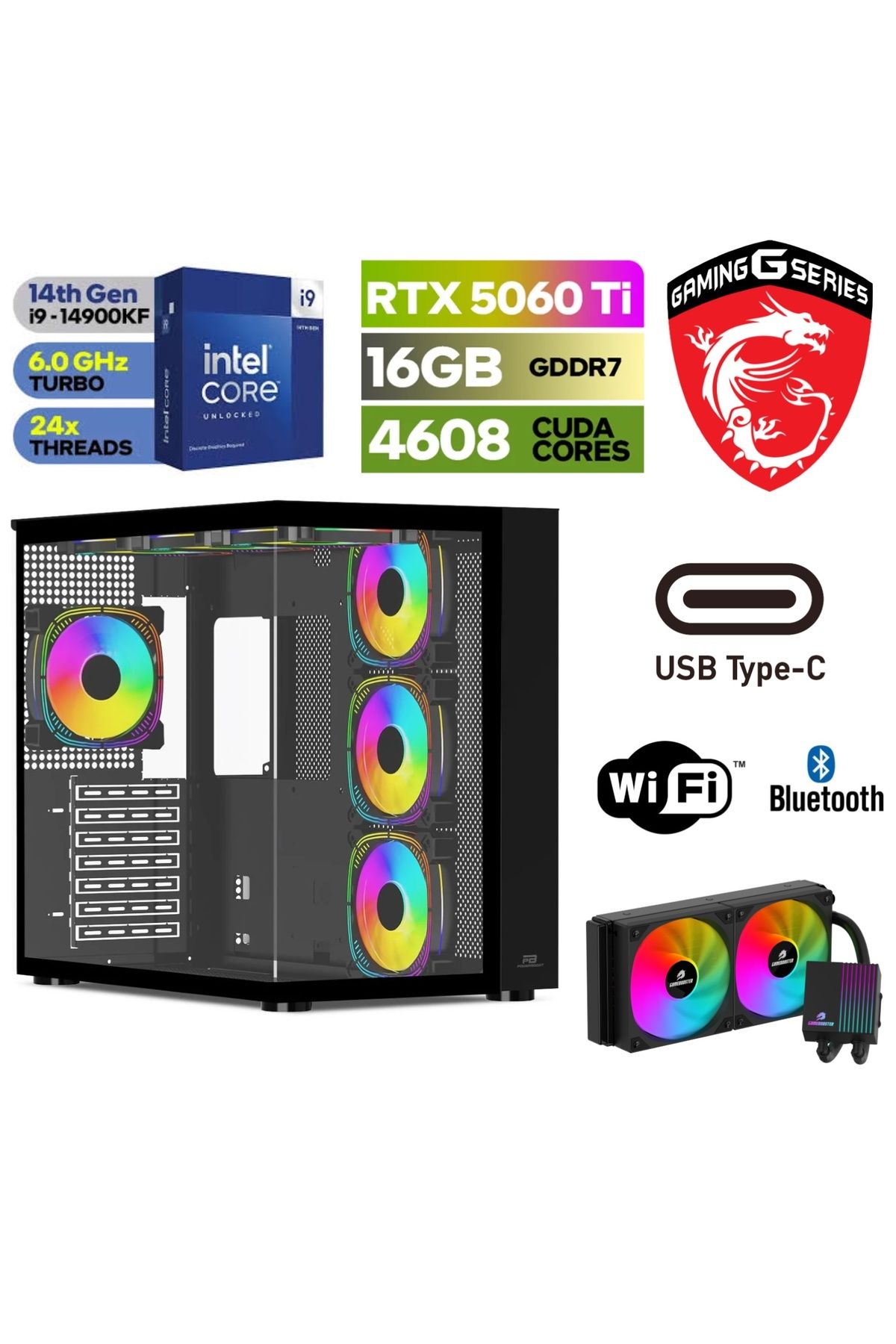 MSI GAMİNG DDR5-RTX 5060Tİ16GB-İNTEL İ9 14900KF-64GB DDR5 RAM-1 TB M.2 SSD-WİNDOWS 11 PRO-SIVI SOGUTMALI