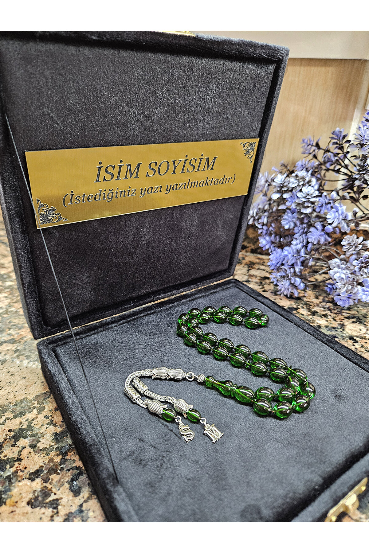 Zikir Tesbih Ateş Kehribar Tesbih, Harfli Kişiye Özel Seri, Gümüş Kaplama