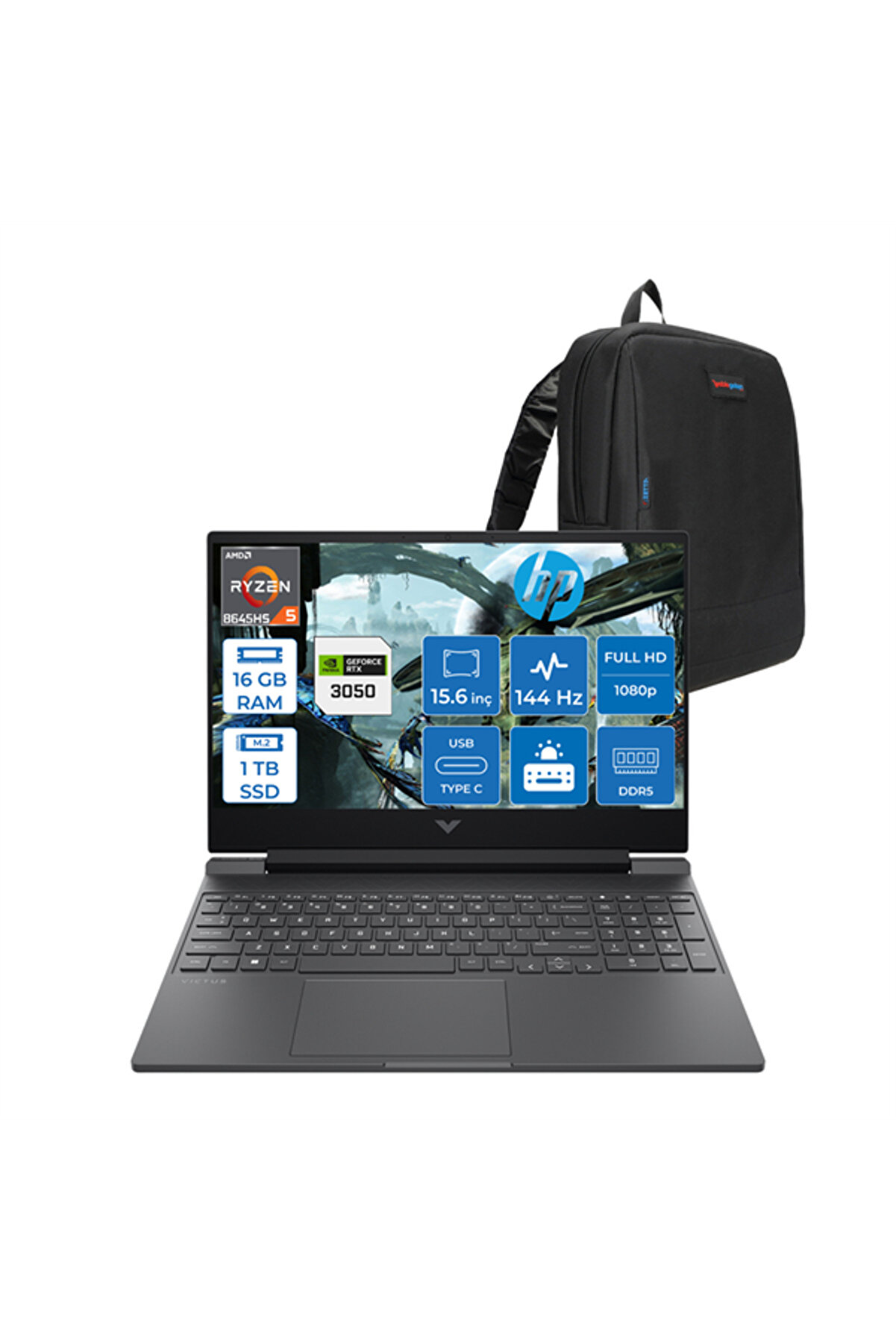 Victus Ryzen 5 8645HS 16GB 1TB SSD 6GB/RTX3050/75W 15.6inç FHD 144Hz IPS FDOS 15fb3705F0289ZETTACNT