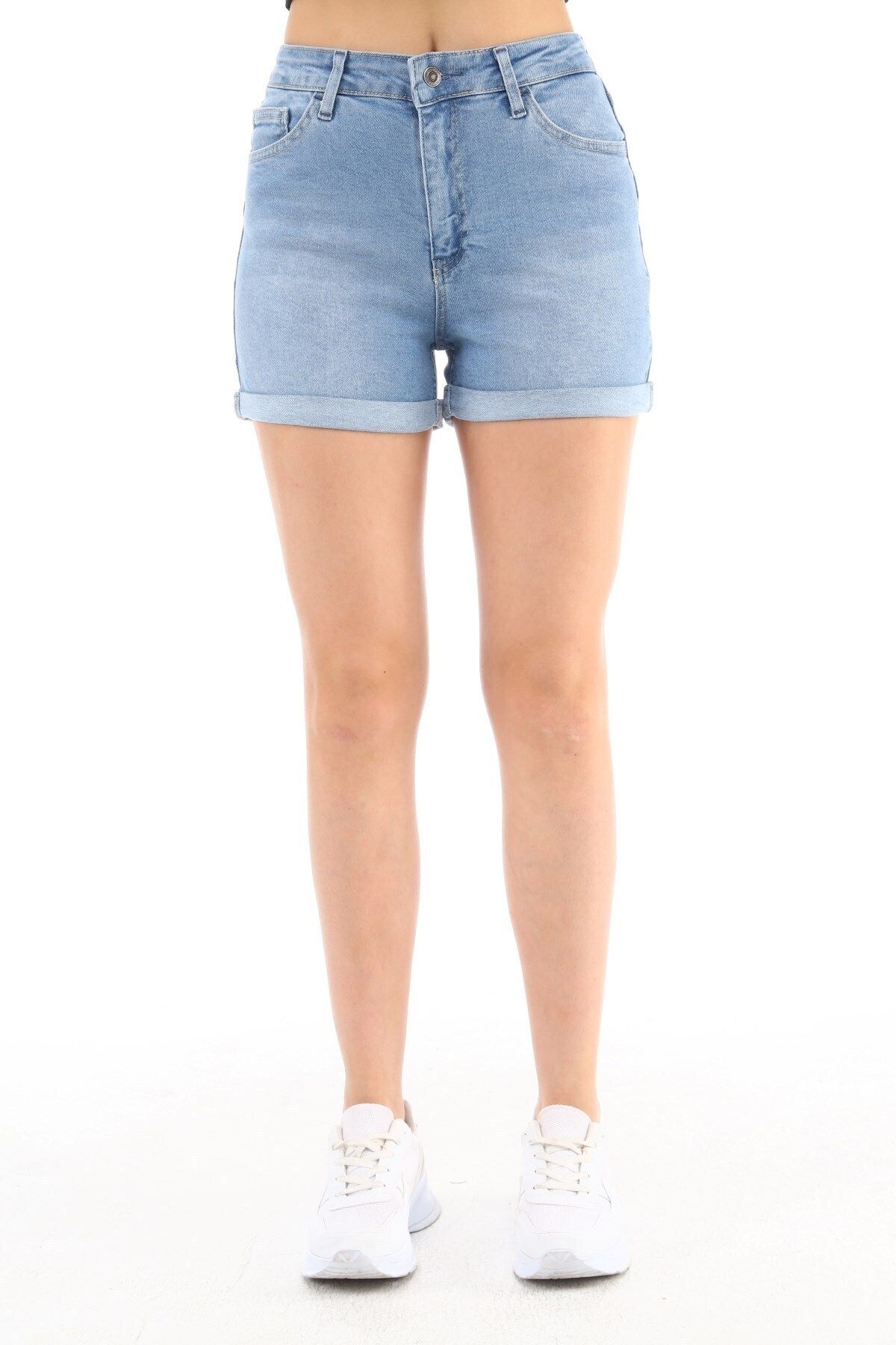 CEDY DENIM Kadın Yüksek Bel Duble Paça Kot Şort Klasik Mini Jean Şort C604