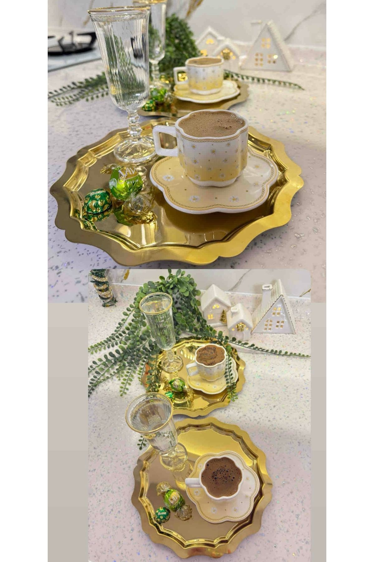 Elzemm store 6 ADET GOLD YUVARLAK DALGALI MODEL SERVİS VE SUNUM TEPSİSİ