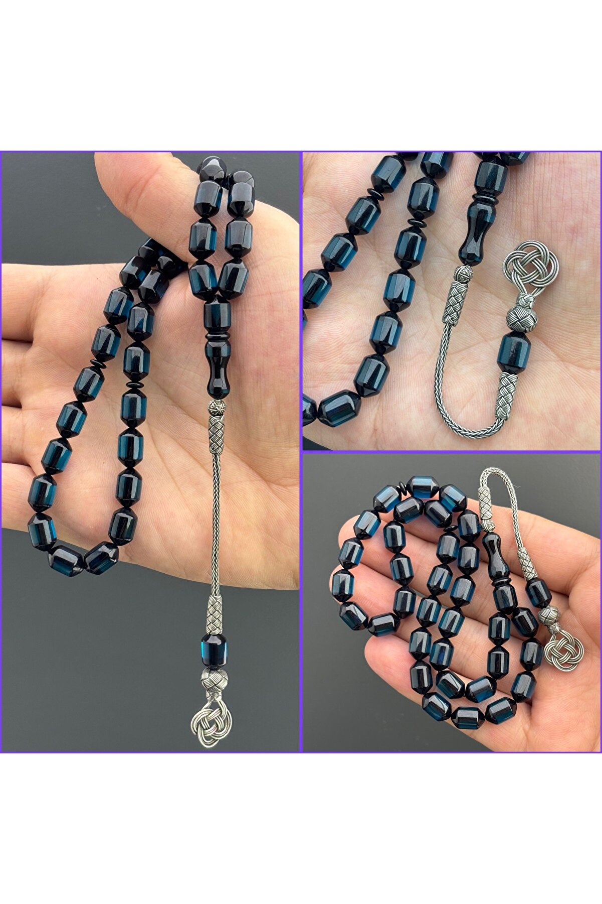 MİHMANDAR Sürmeli Ateş Kehribar Tesbih - Doğal Kehribar ve Sürme Kombinasyonu