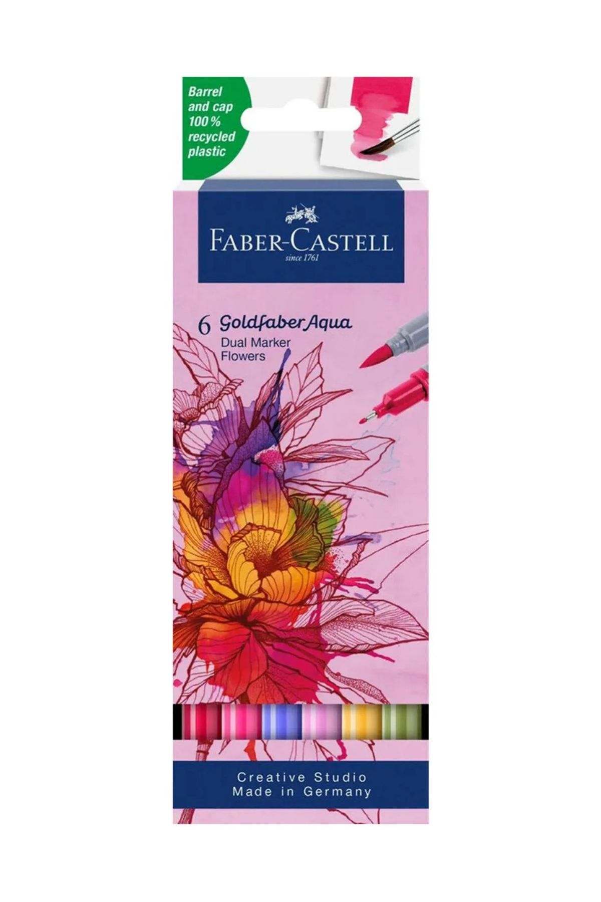 Faber Castell Goldfaber Aqua 6’lı Çift Uçlu Marker Seti,Flowers Renkleri,Su Bazlı, Fırça ve Fineliner Uçlu