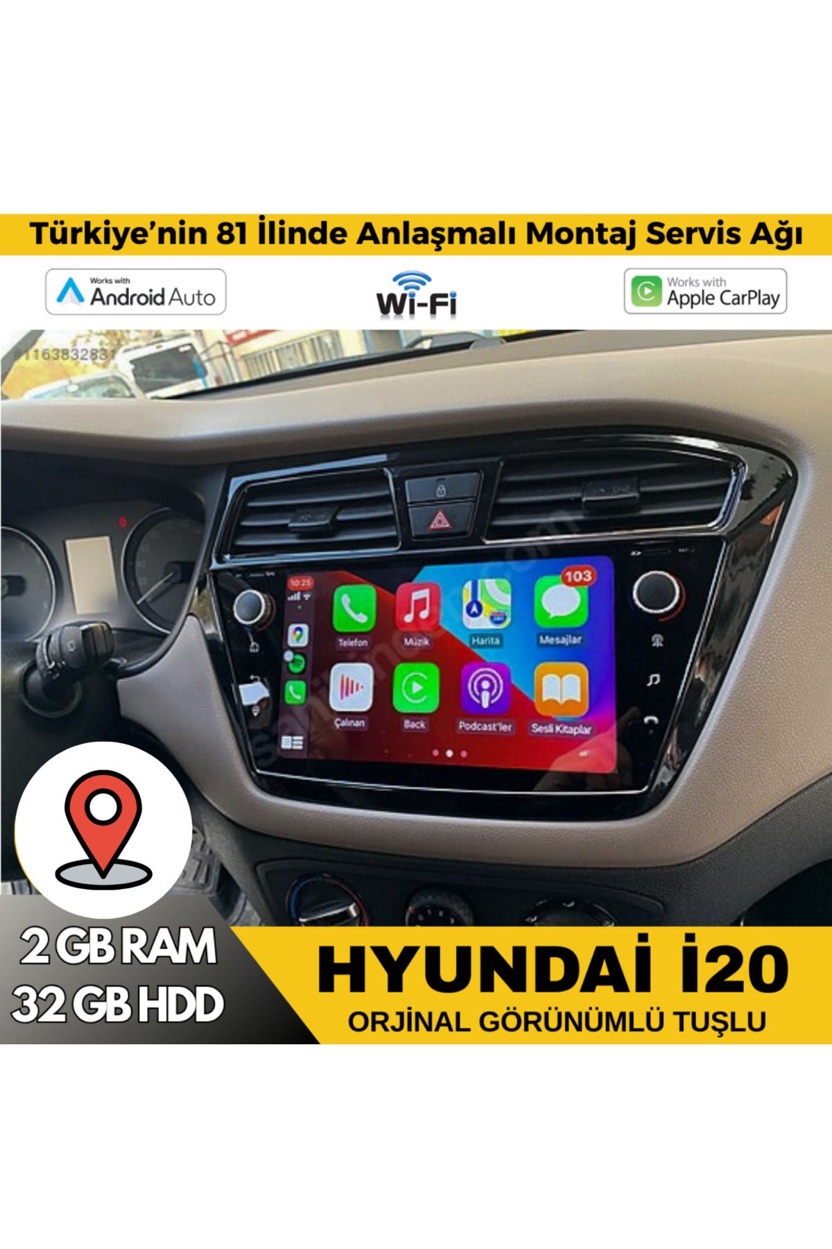 Blueway Hyundai i20 Araç Multimedya Android Ekran Carplay Double Teyp Navigasyon 2+32 9" 18-20 P.Black BLUEW