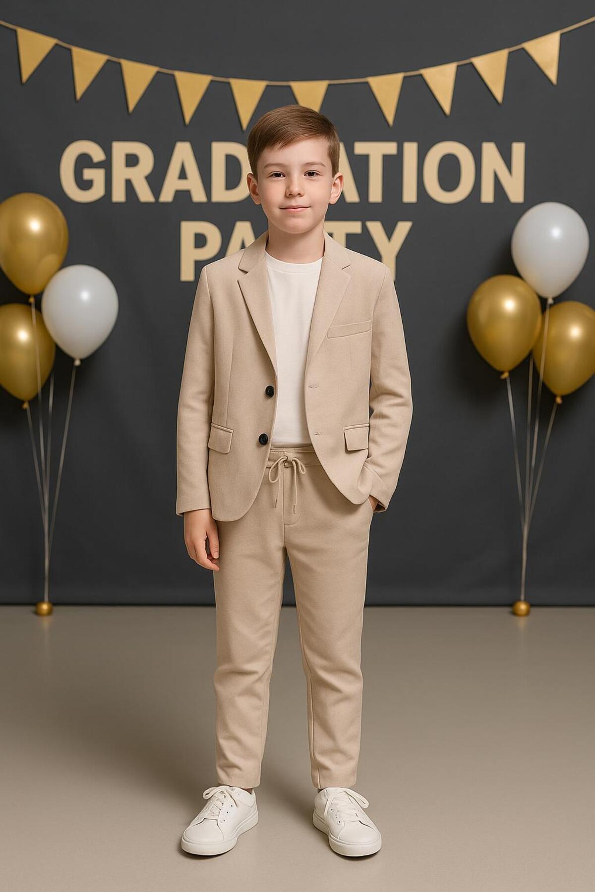 Terry Erkek Çocuk Keten Görünümlü Ceketli Spor Takım Elbise