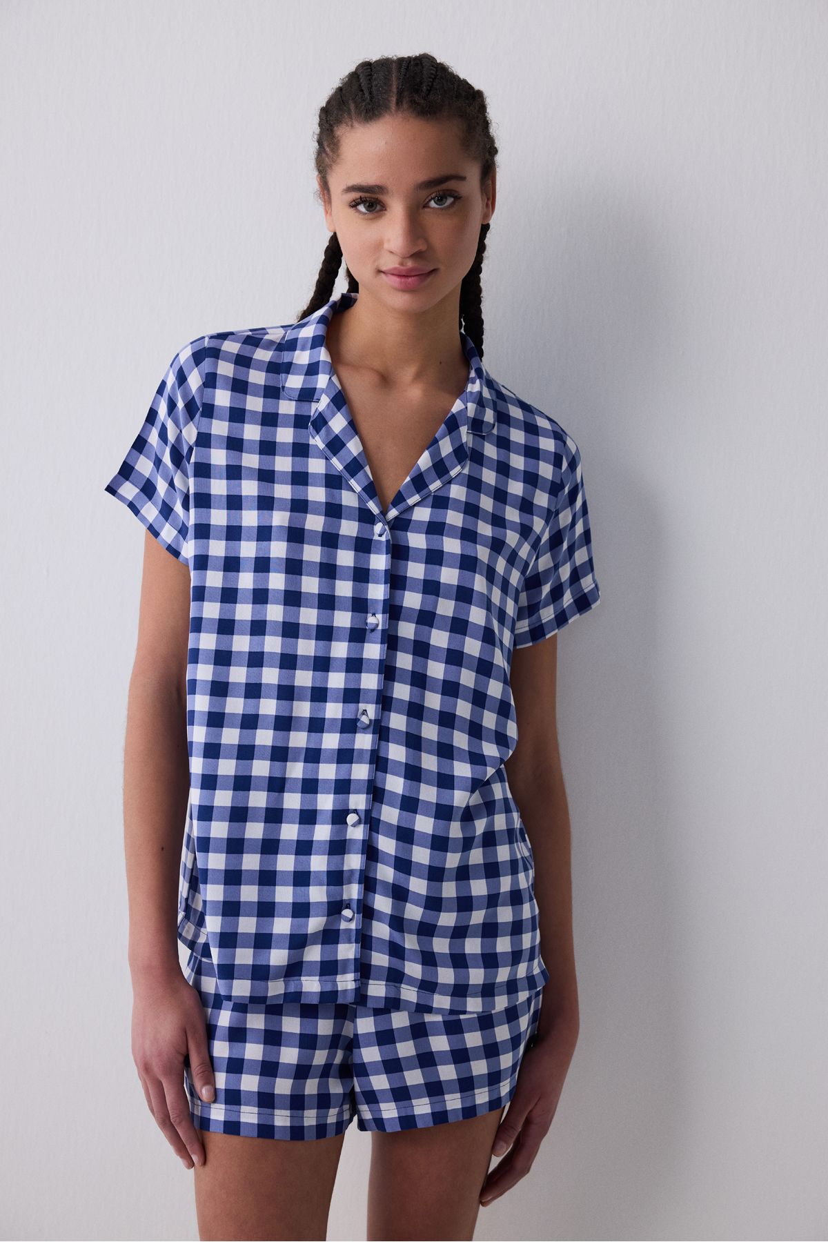 Penti Blue Gignham Gömlek Şort Lacivert Pijama Takımı