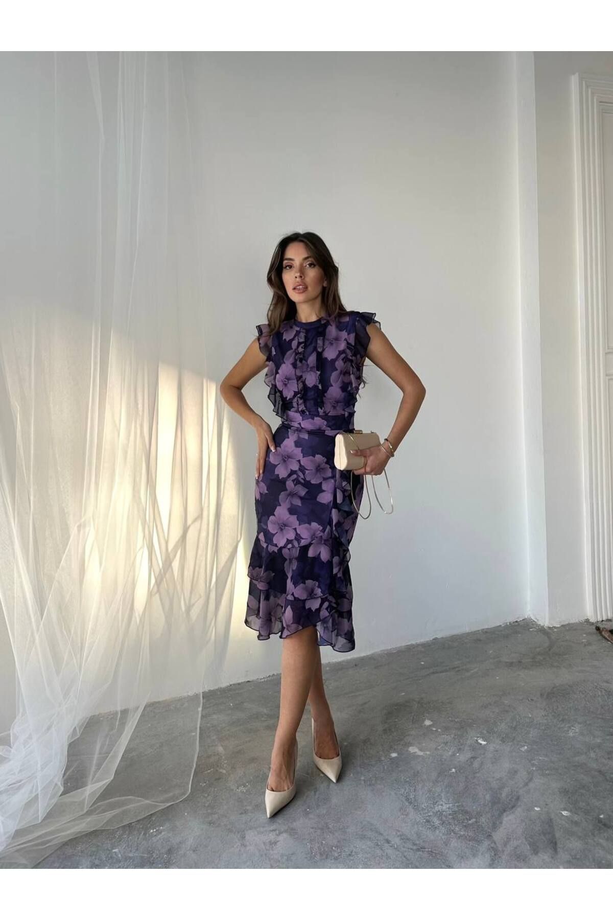 conconmoda Flora Gül Baskılı Şifon Midi Elbise