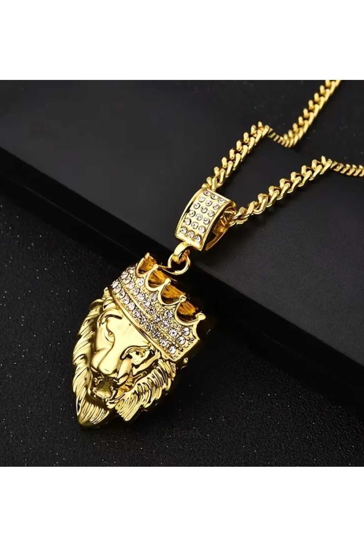 sarıyer silver Aslan Kral Tacı Model Sarı Renkli Kaplamalı Zirkon Taşlı İşlemeli Aslan Çelik Kolye