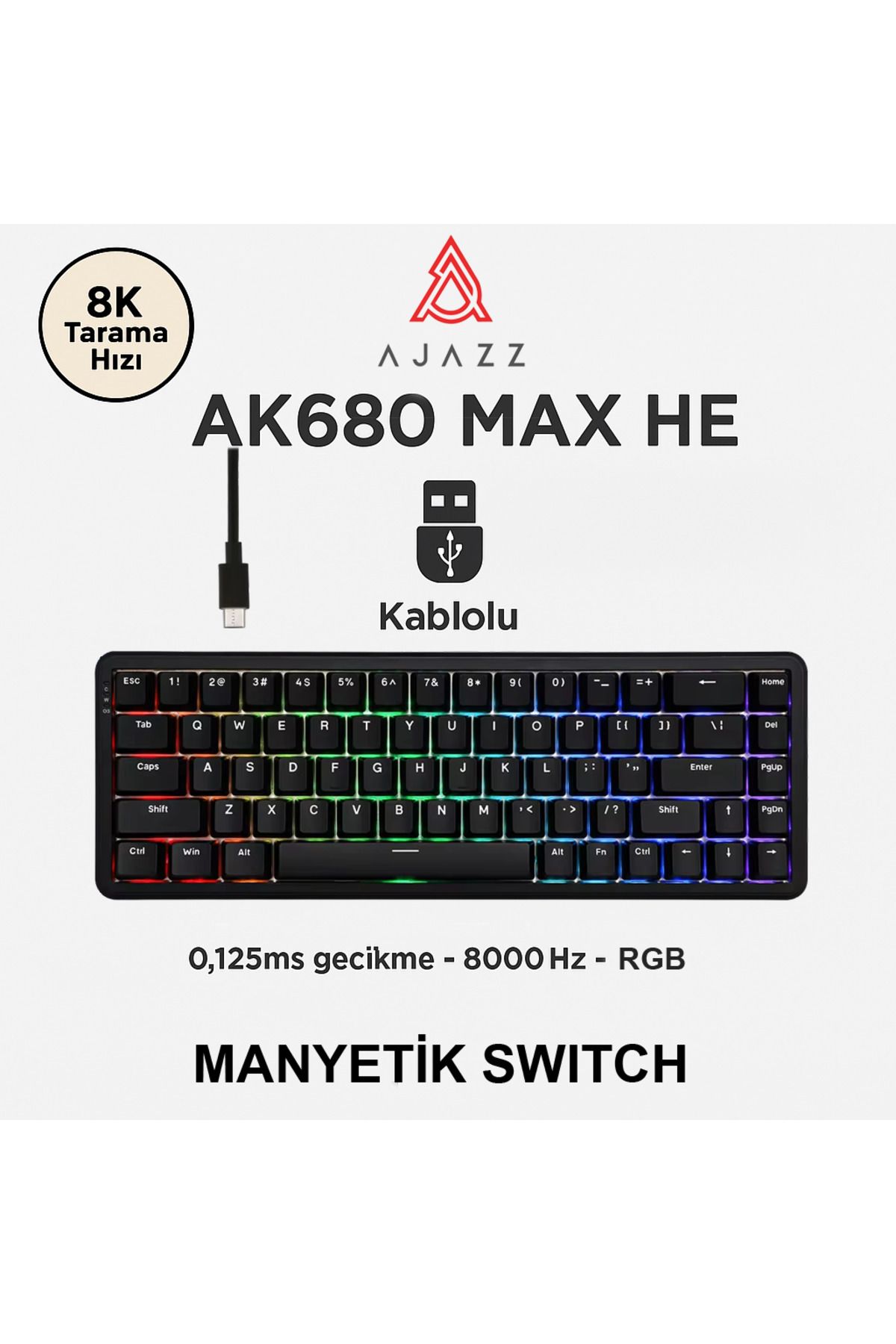 Ajazz AK680 Max Rapid Trigger Manyetik Switch Mekanik Kablolu Klavye RGB 0.125 MS Ultra Düşük Gecikme