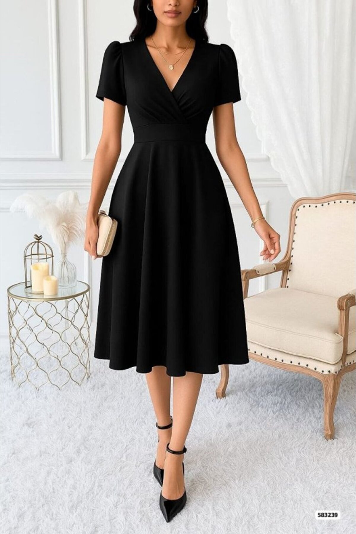 Bellsiy Kadın Kruvaze Yaka Kısa Kollu Midi Boy Krep Kumaş Elbise | ₺844.52