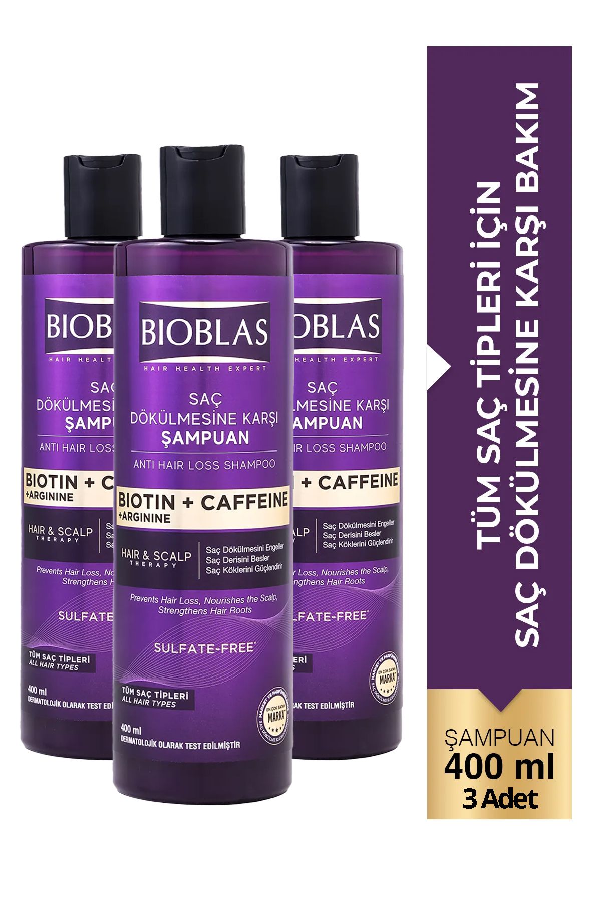 Bioblas Kafein Arjinin Biotin Saç Dökülmesi Karşıtı Şampuan 400 Ml 3 Adet