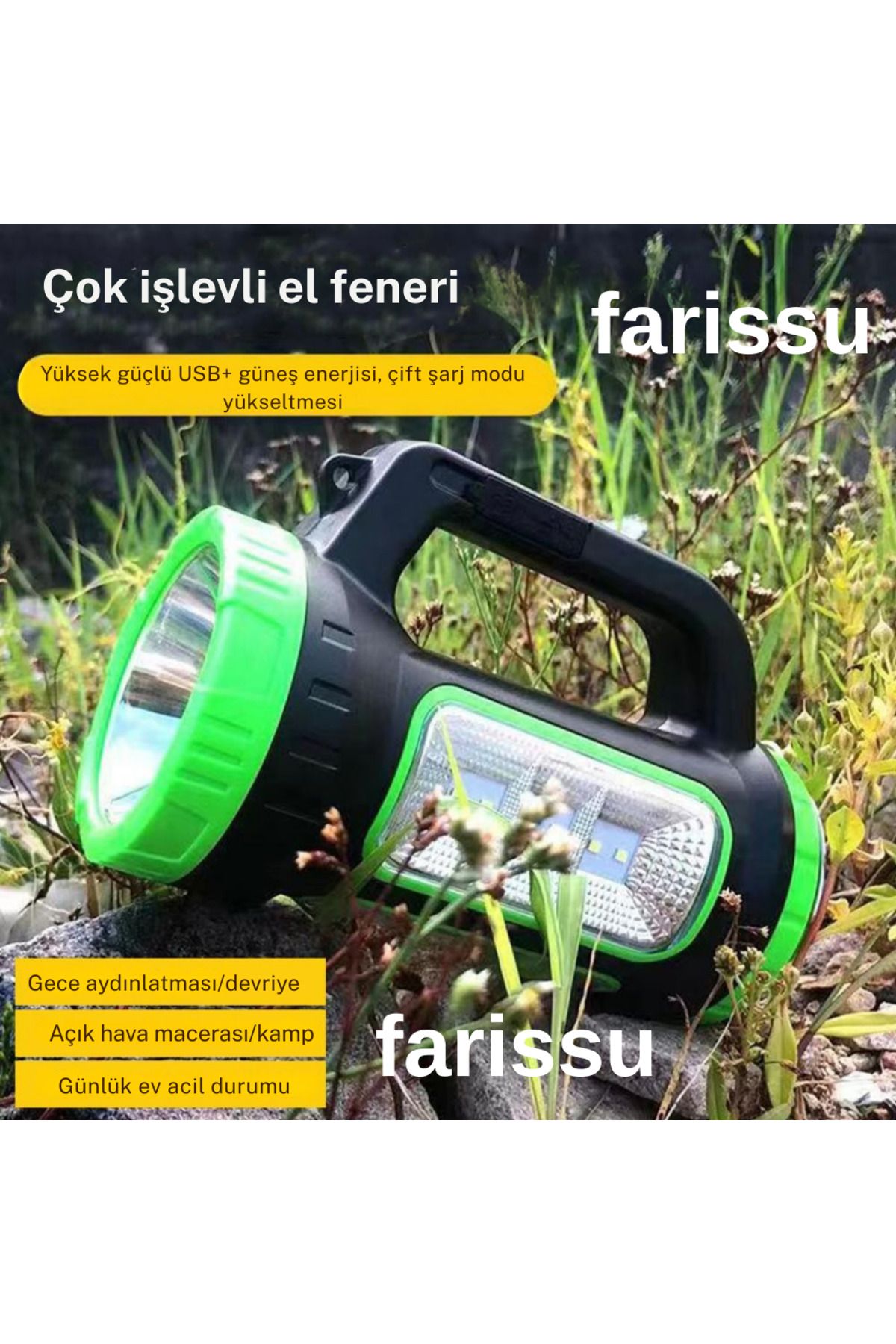 farissu 3w 15w Solar Şarjlı Led El Feneri Işıldak Projektör Kamp Avcı Feneri