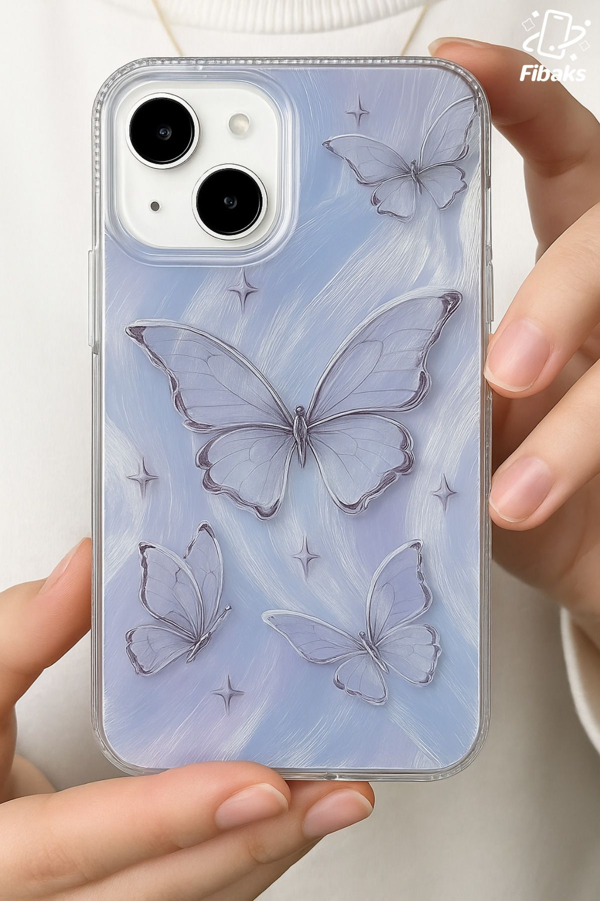 Fibaks İphone 13 - 14 - 15 Uyumlu Kılıf Tüylü Hologram Kelebek Desenli Darbe Emici Kamera Korumalı Silikon