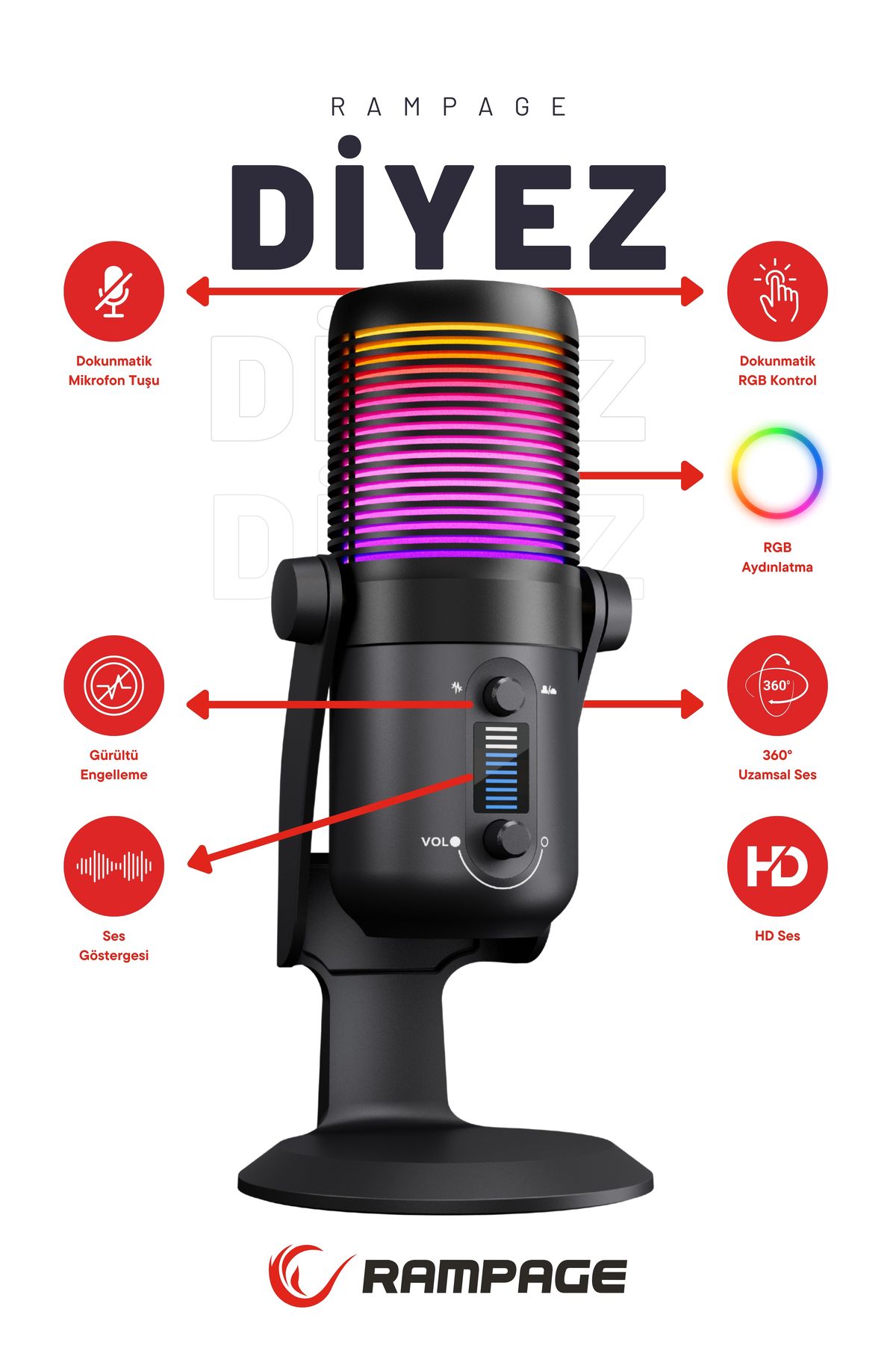 Rampage Diyez Siyah Rgb Ses Gösterge Mikrofon Oyuncu Mikrofonu Yayıncı Mikrofonu Youtuber Mikrofonu