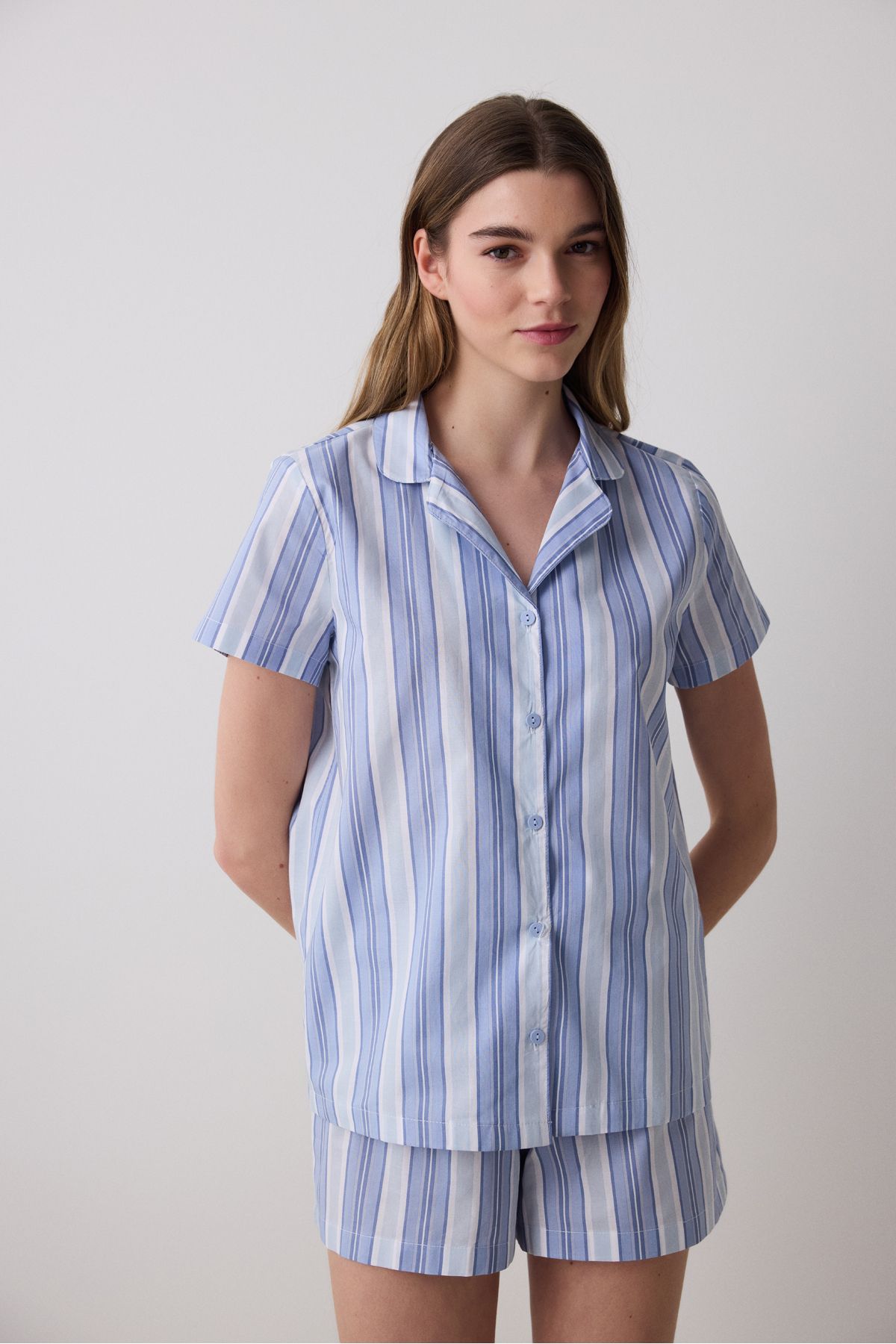 Penti Travel Striped Gömlek Şort Mavi Pijama Takımı