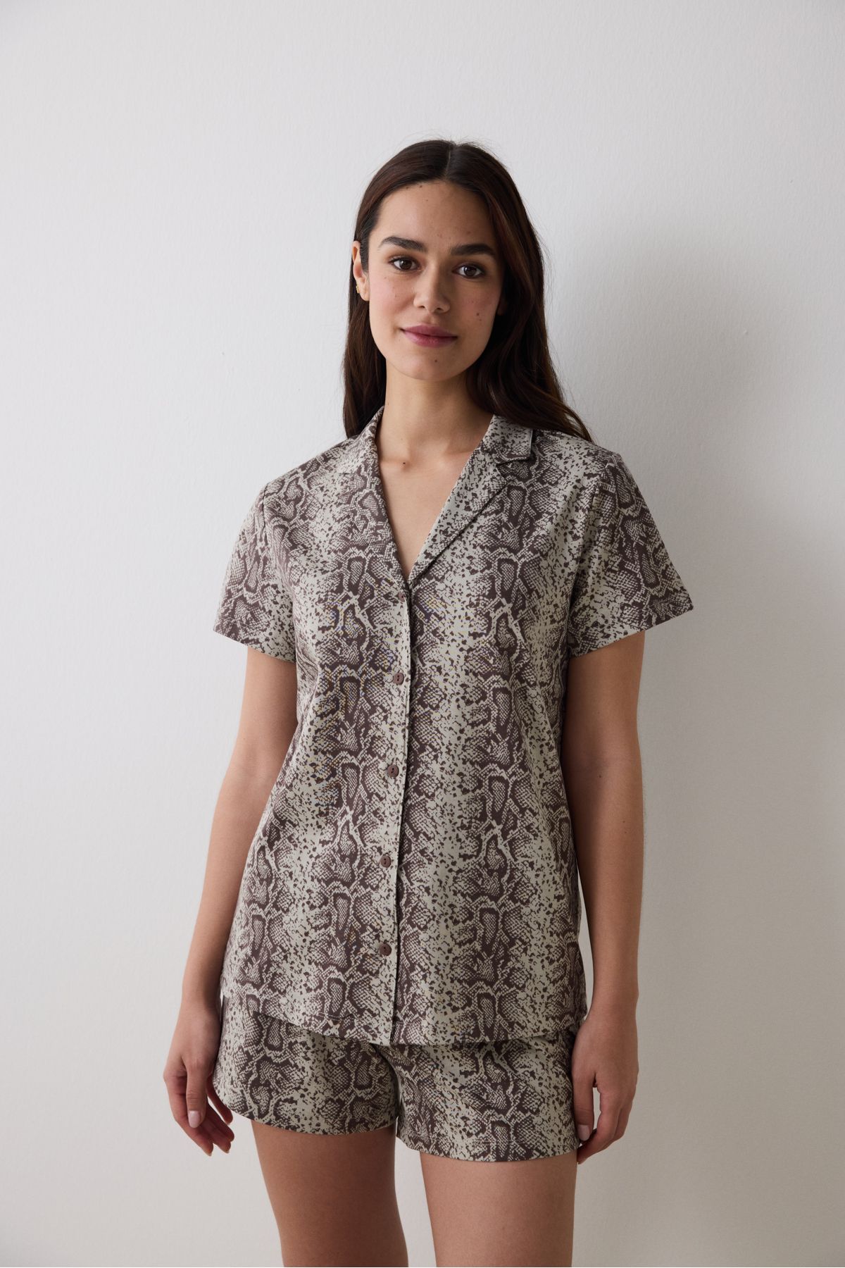 Penti Printed Kahverengi Gömlek Şort Pijama Takımı