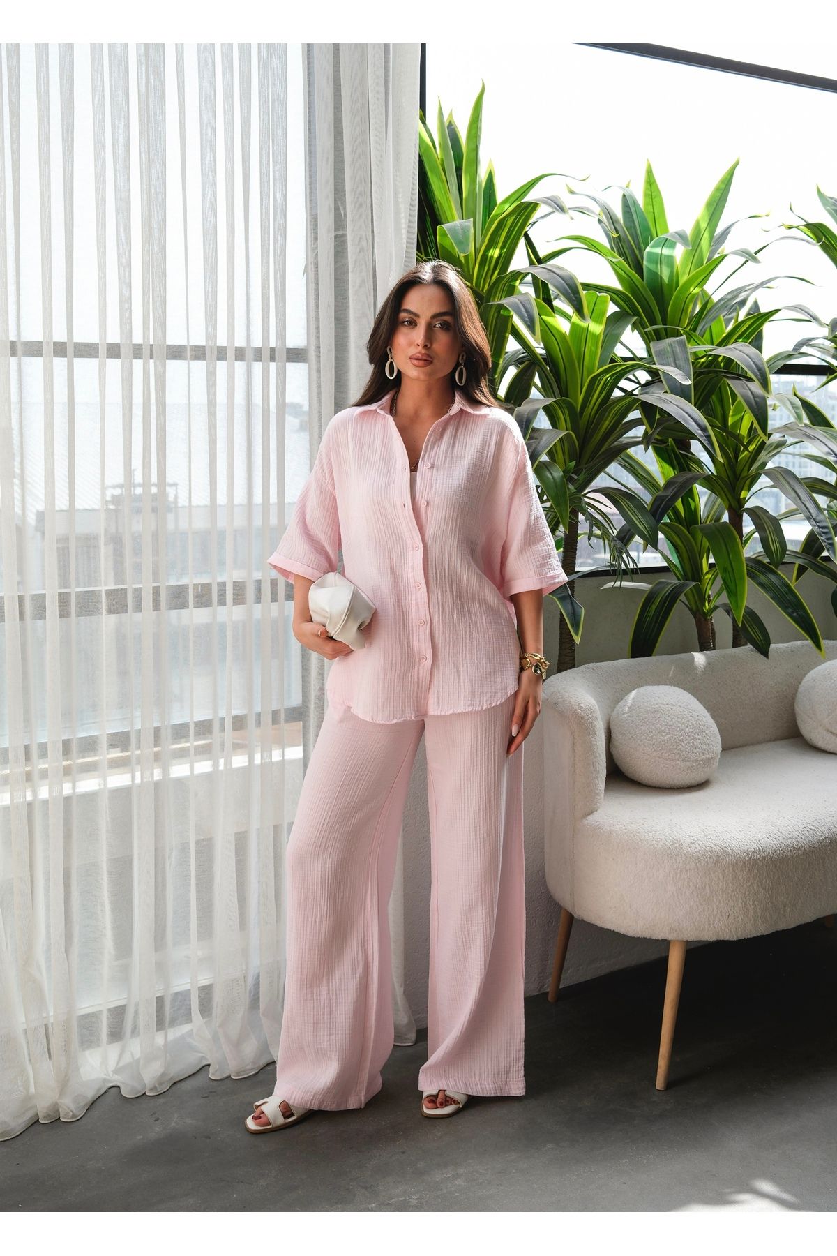 ENZOI Pembe Oversize Müslin Gömlek Pantolon Alt Üst Takım