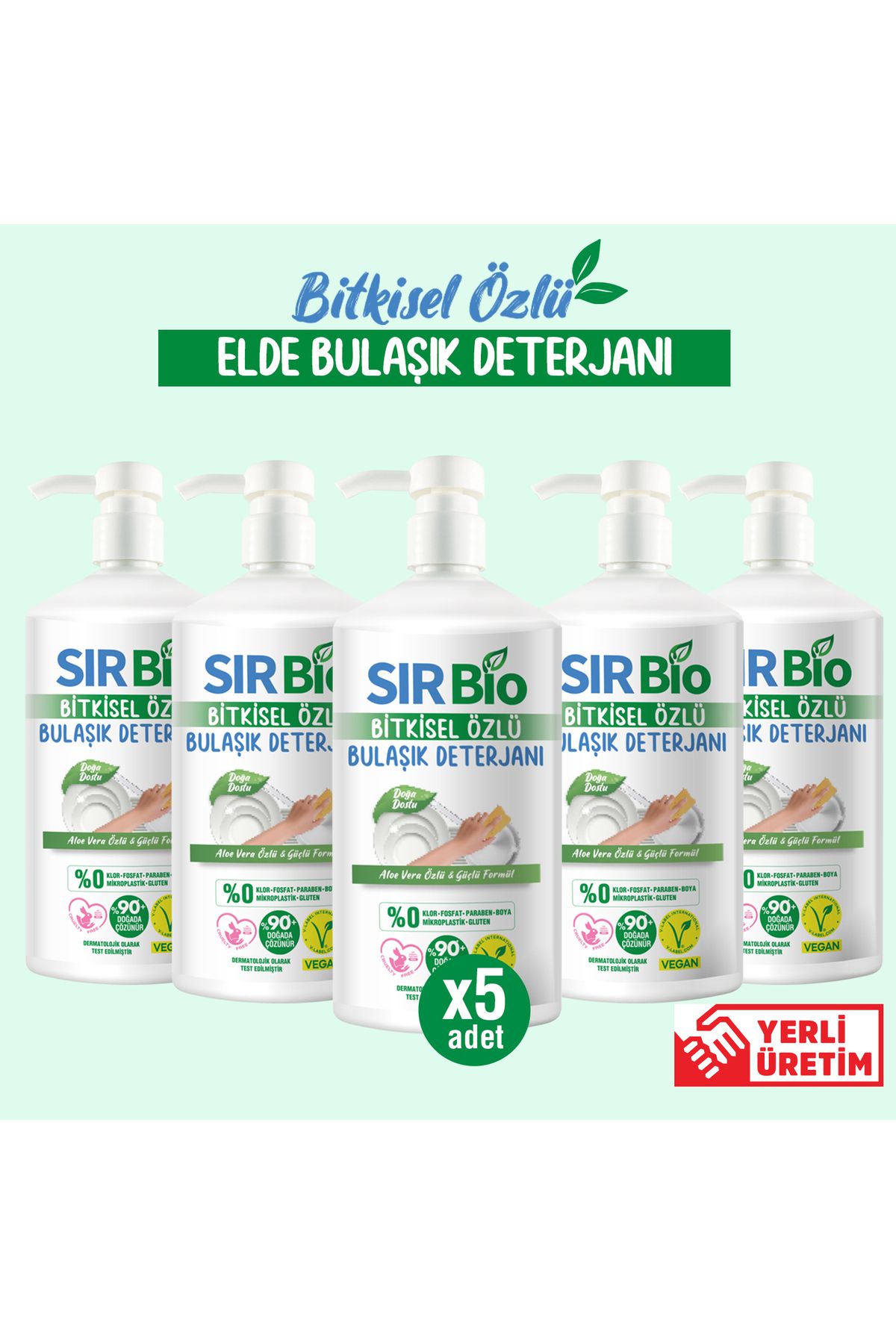 SIR Bio Bitkisel Özlü Elde Bulaşık Deterjanı 1000 ml Pompalı Şişe 5'li ( 1000 ml X 5 Adet)