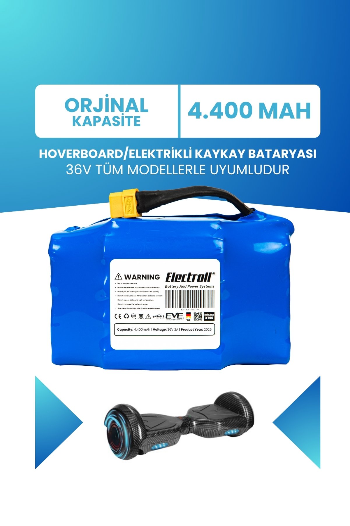 ELECTROLL Hoverboard Güçlü 36V 4400mAh Batarya ile Uzun Ömürlü