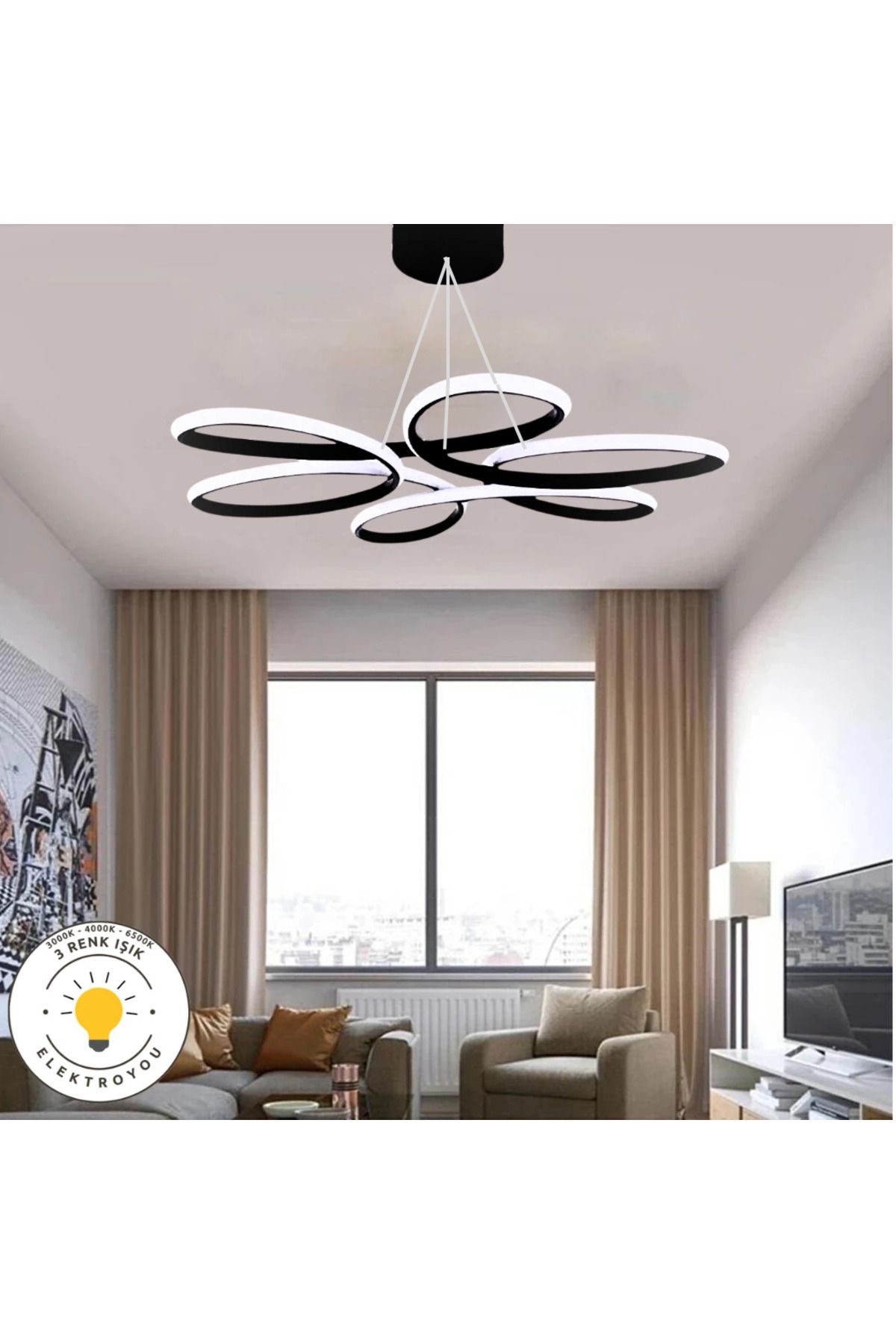 Elektroyou Nipul Siyah Sarkıt Modern Kumandalı 3 Renk Ledli Avize
