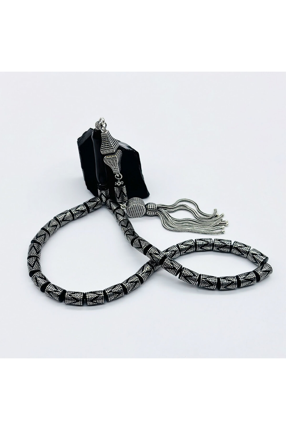 Gümüş İşlemeli Erzurum Oltu Taşı Tesbih - tesbihpasaji