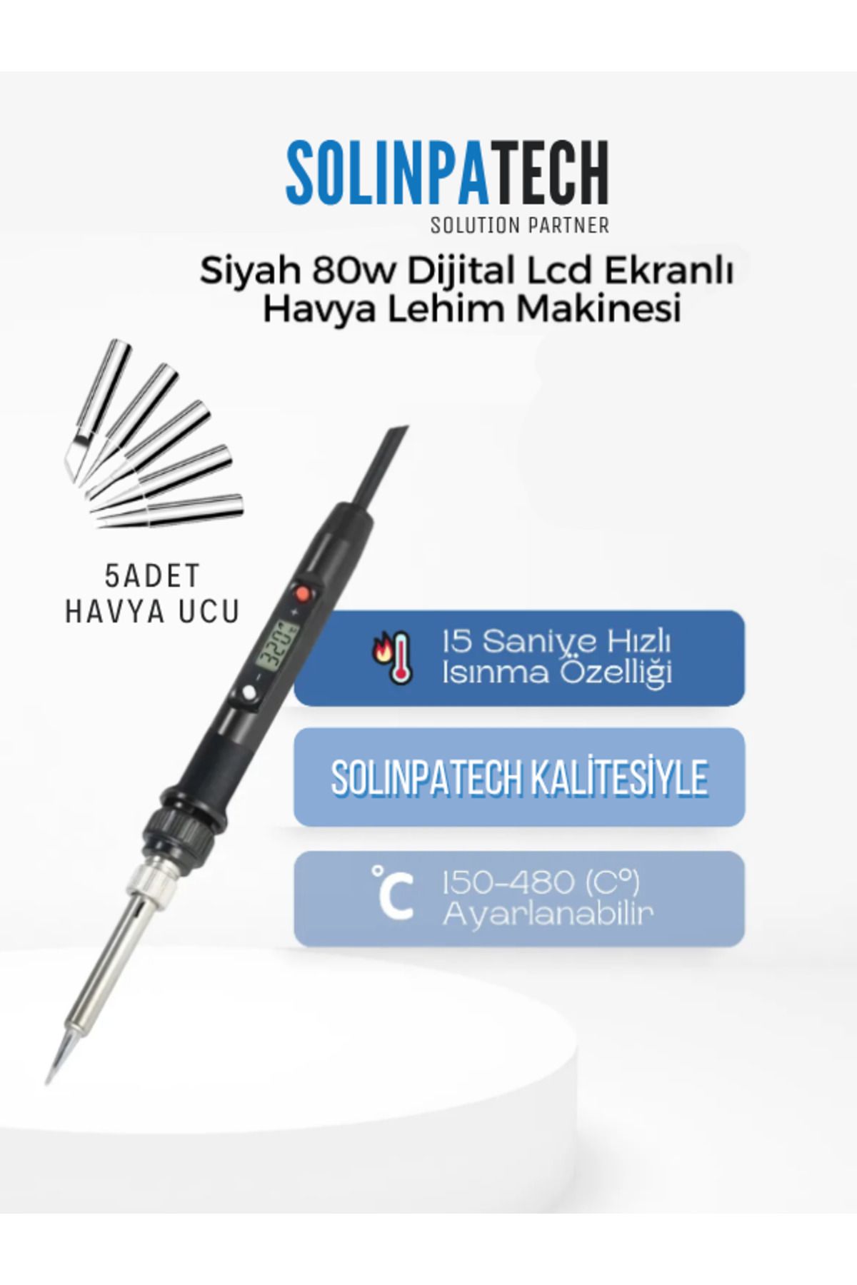 SolinpaTech 80w Lcd Isı Ayarlı Kalem Havya Ayarlanabilir Lehim Makinesi Ve Havya Ucu Seti
