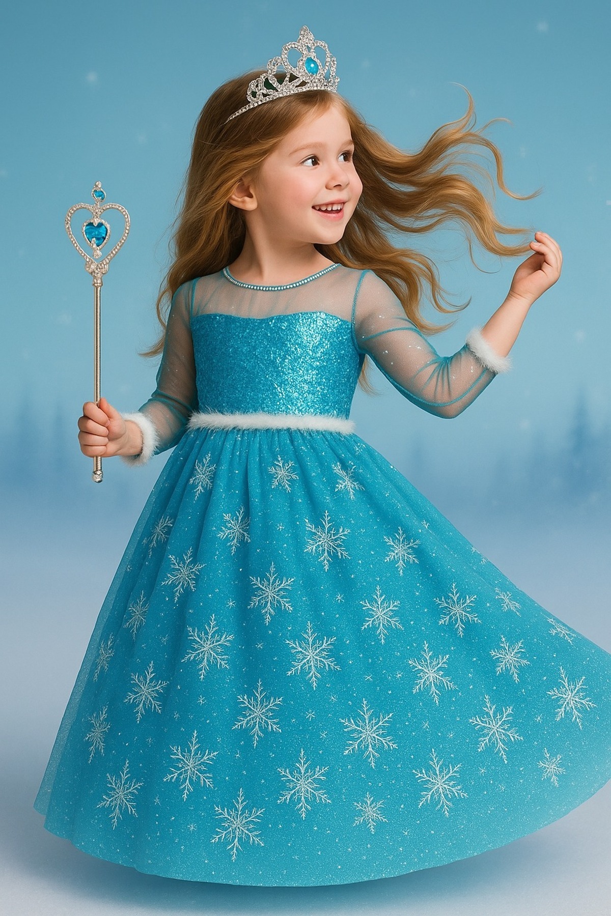 Frozen Elsa Kostümü Mavi Kız Çocuk Elbise Taç Asa Hediye Uzun Kol - Parti Kırtasiye