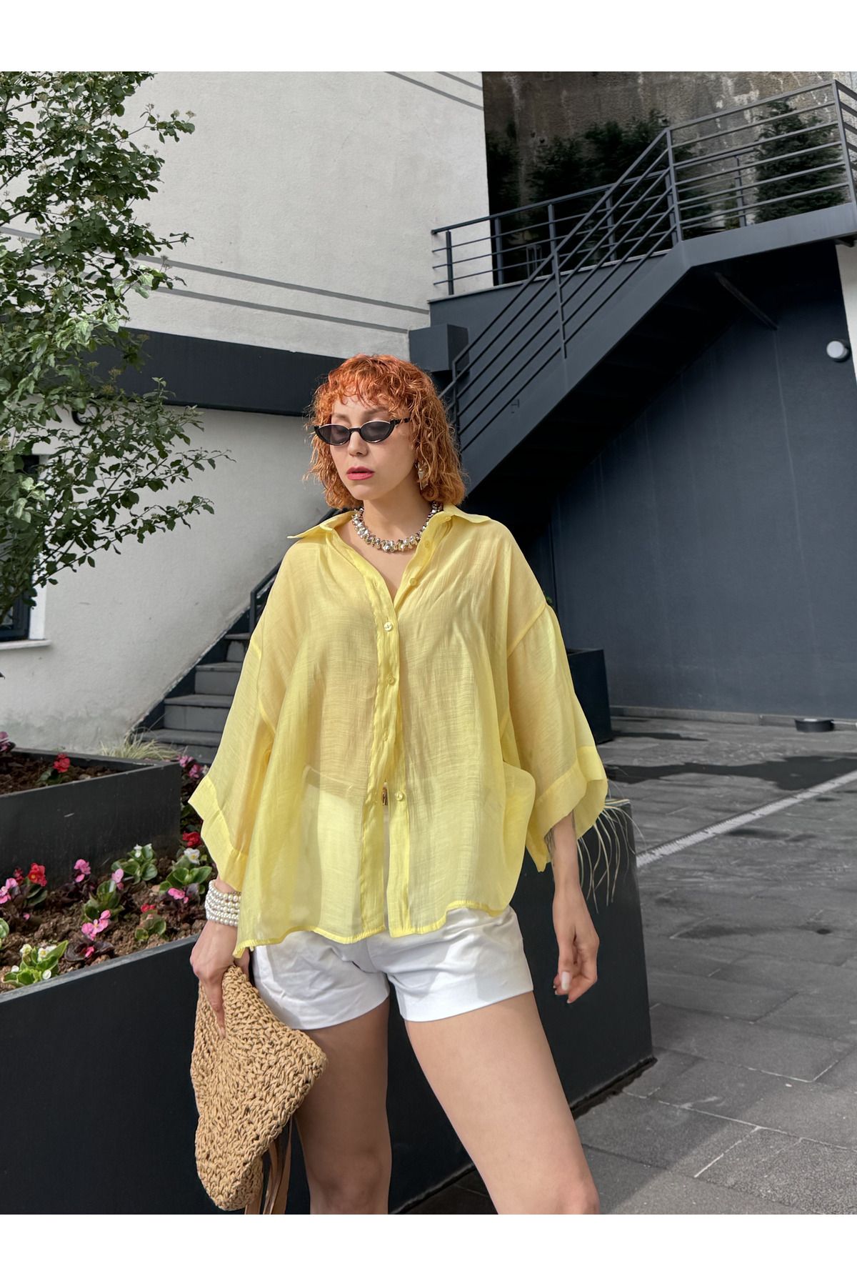 Bak'ap Premium Transparan Sarı Butter Yellow Perry Oversize Gömlek