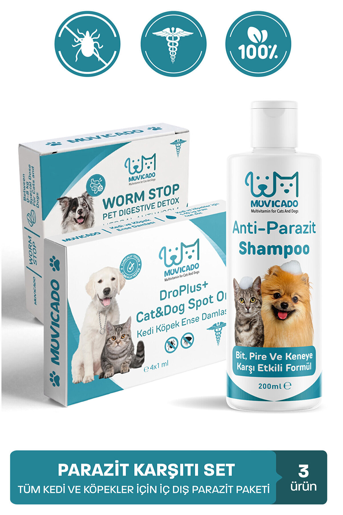 Muvicado Kedi İç Dış Parazit Seti - Pire Kene Karşıtı Şampuan Tablet Damla