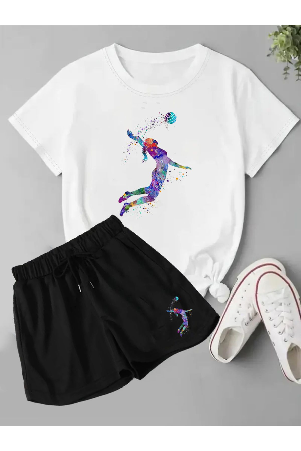 makiteks 2'li Set Düz Renk Kadın Regular Şort ve Tshirt Tişört Voleybol