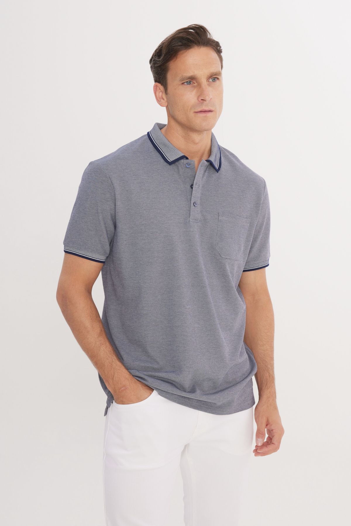 AC&Co / Altınyıldız Classics Erkek Çekmeyen Pamuklu Kumaş Regular Fit Rahat Kesim Lacivert Kıvrılmaz Polo Yaka Cepli Tişört