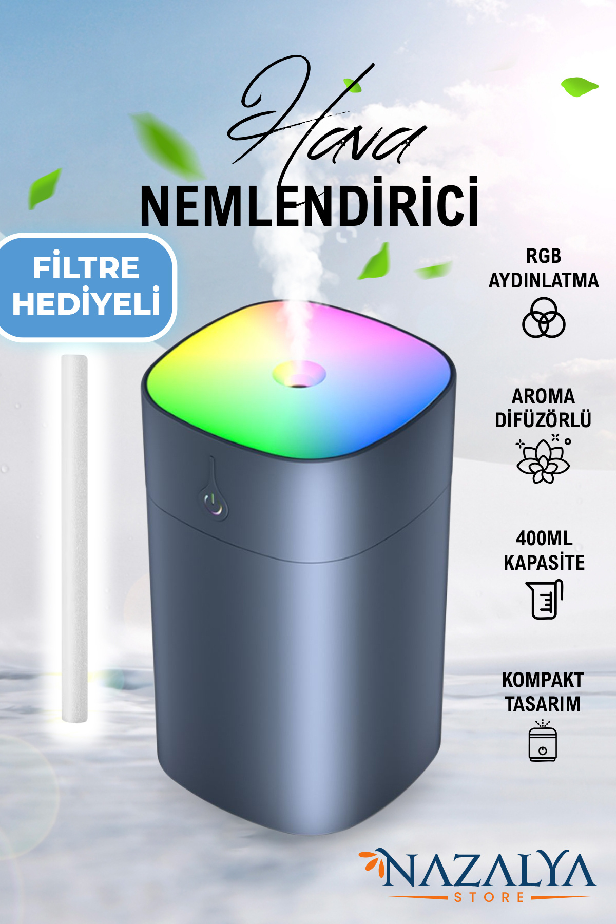 Nazalya 400 ml Ultrasonik Hava Nemlendirici ve Aroma Difüzörü - Gri