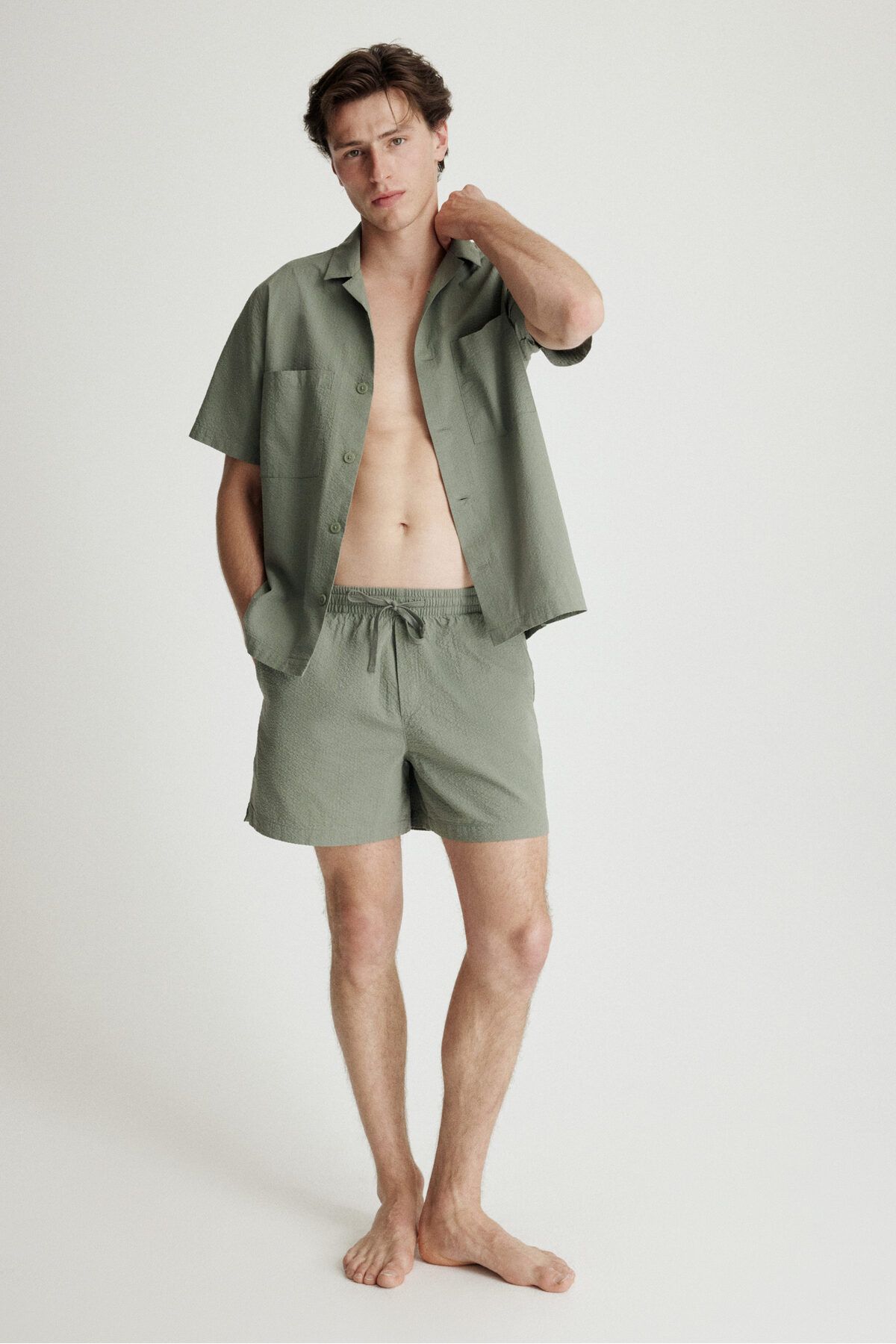 H&M Gömlek ve Şortlu Gofre Pijama Takımı