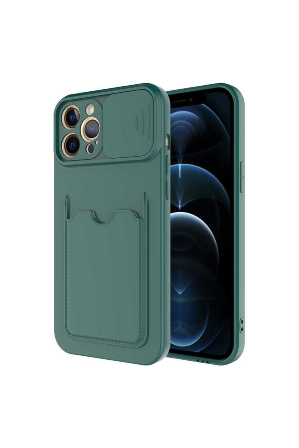 Apple Iphone 12 Pro Max Uyumlu Nezih Case Cüzdanlı Kamera Kızaklı Silikon Kılıf Koyu Yeşil