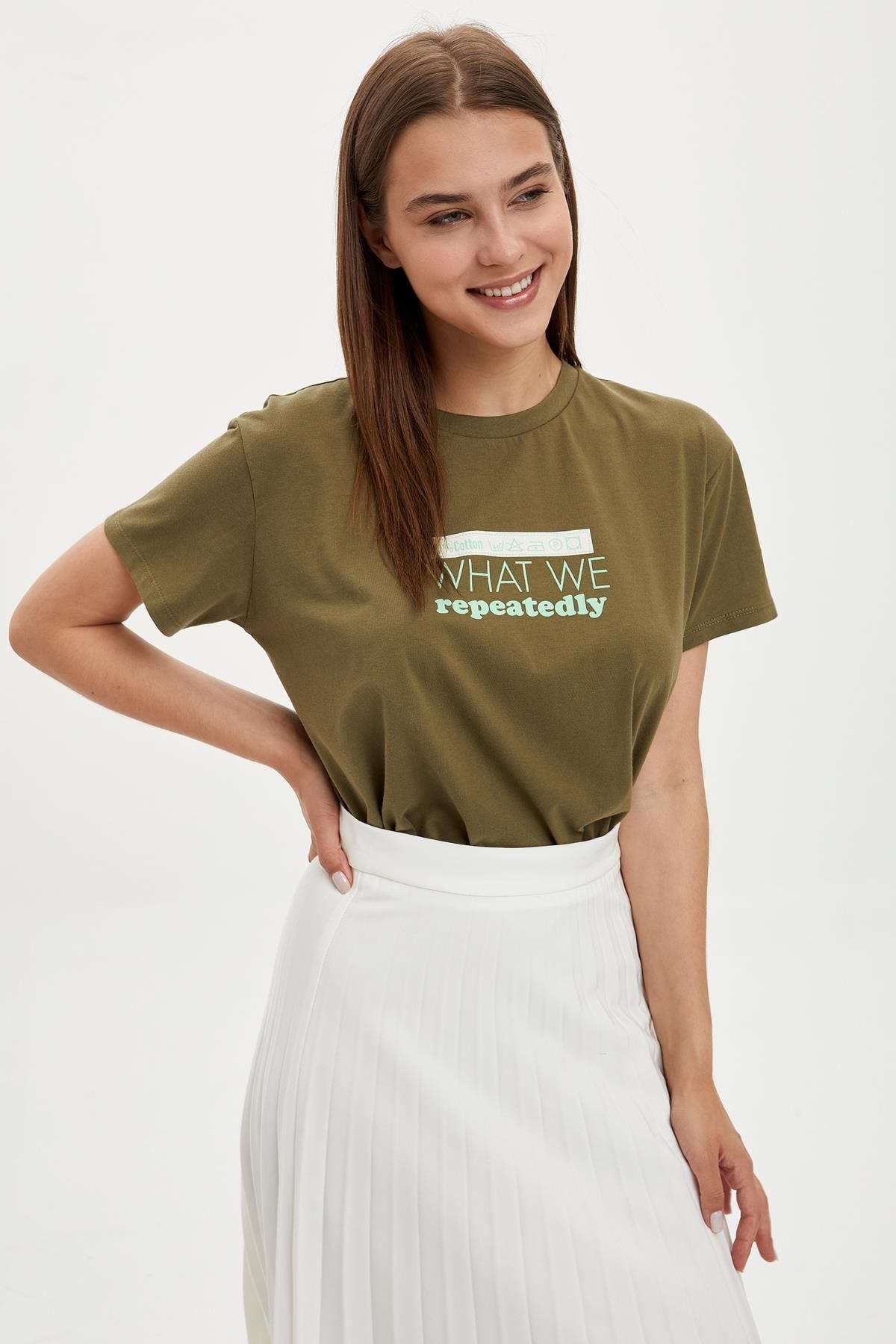 Defacto Oversize fit Slogan baskılı Kısa Kollu Tişört