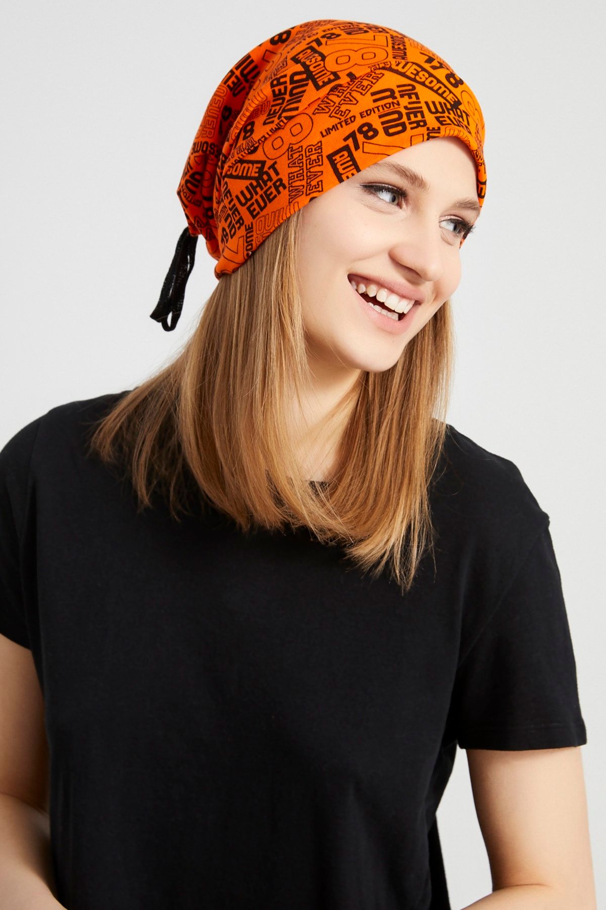 Butikgiz Kadın Turuncu, Siyah Figürlü Ip Detaylı 4 Mevsim Şapka Bere Buff -ultra Yumuşak Doğal Penye Kumaş