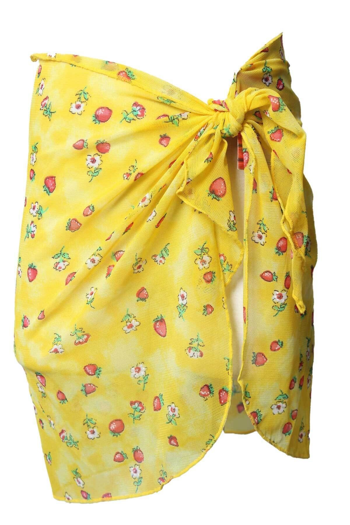 Sude Ayl Kız Çocuk Sarı Çiçek Desenli Belden Bağlamalı Tül Pareo 169-52