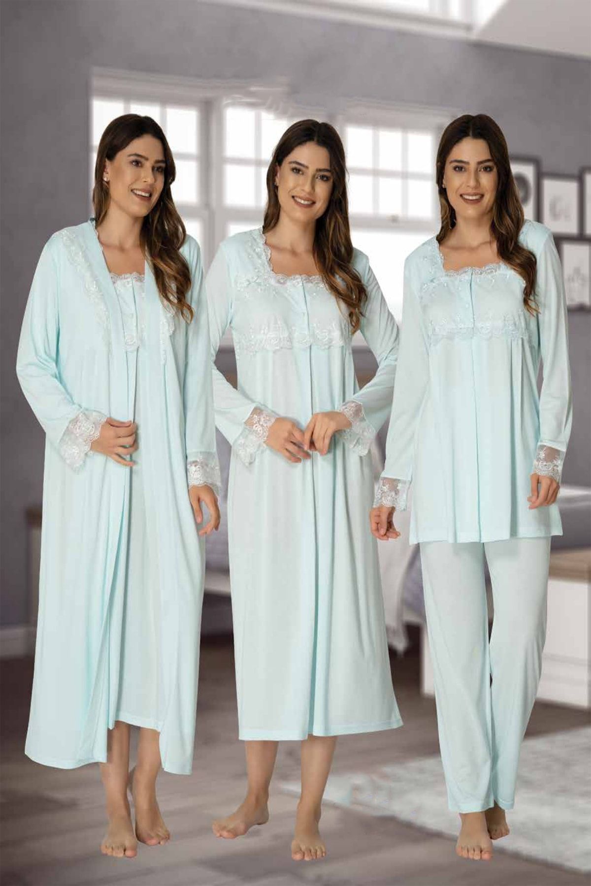 Effortt Mayss Collections 2405 Turkuaz Renk Gecelik Sabahlık Pijama 4'lü Takım Seti
