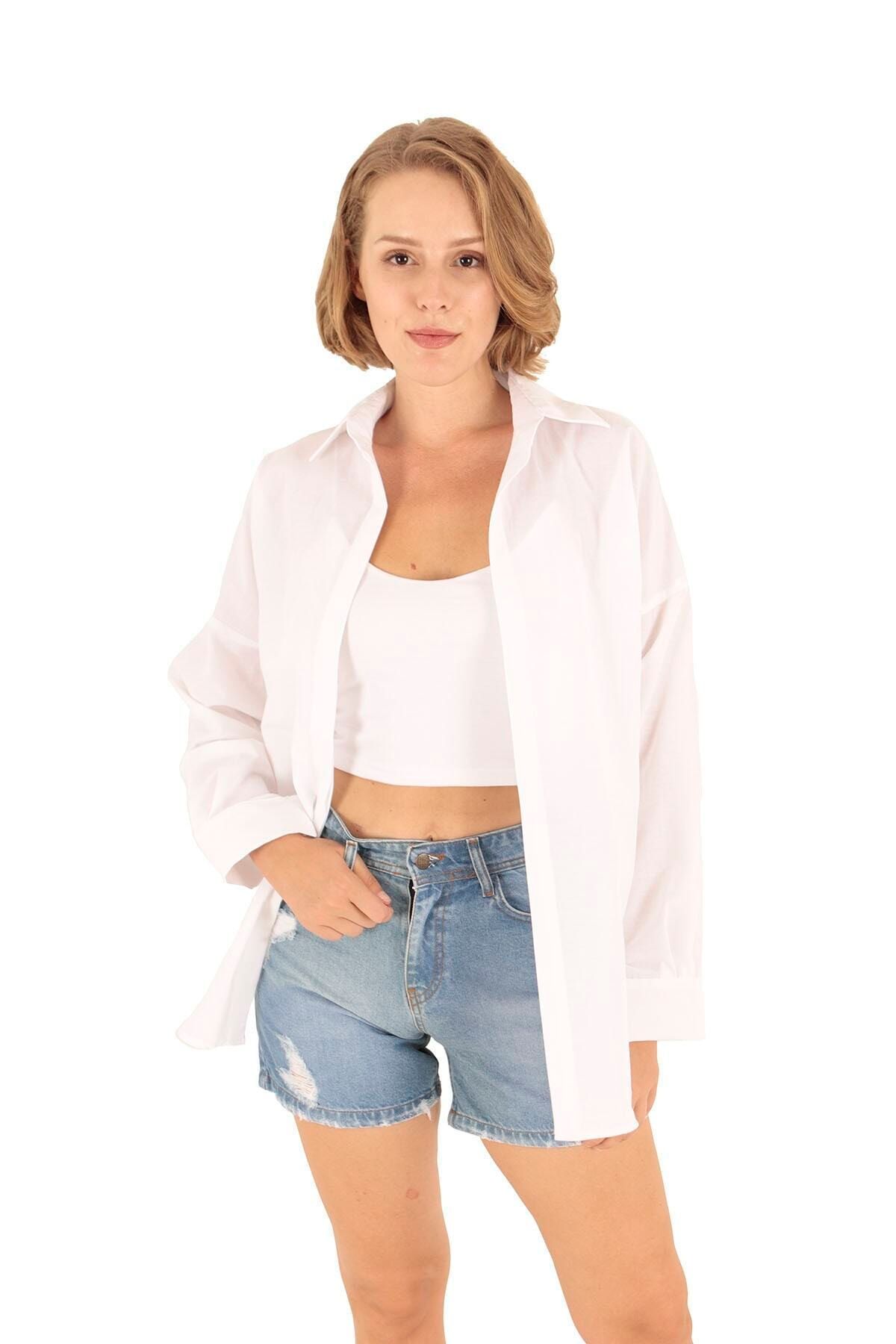 Modagusto Beyaz Oversize Uzun Basic Gömlek