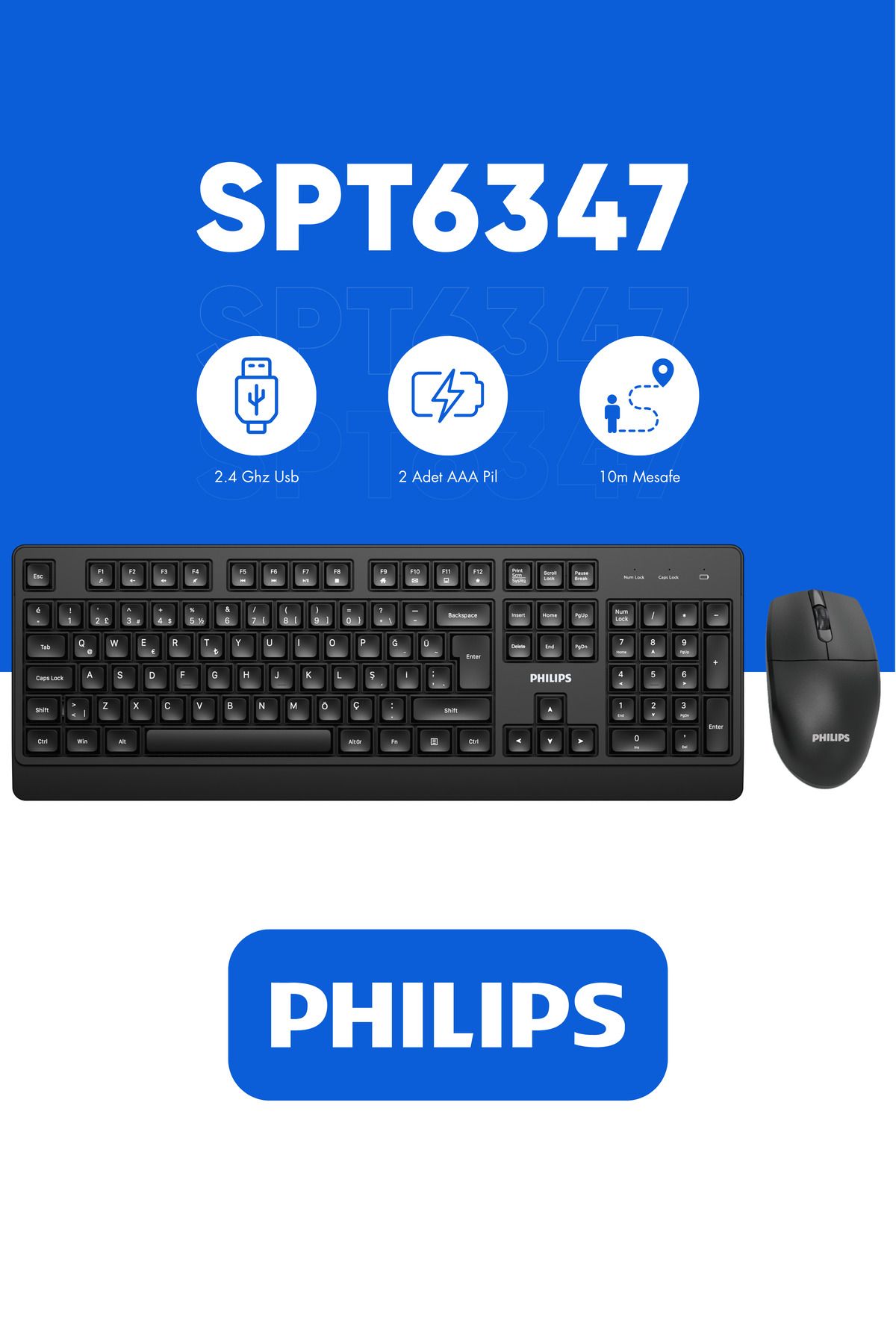 Philips SPT6347 Kablosuz Set Wireless Set Türkçe Q Klavye ve Mouse Seti Siyah Kablosuz Klavye Kablosuz Mouse